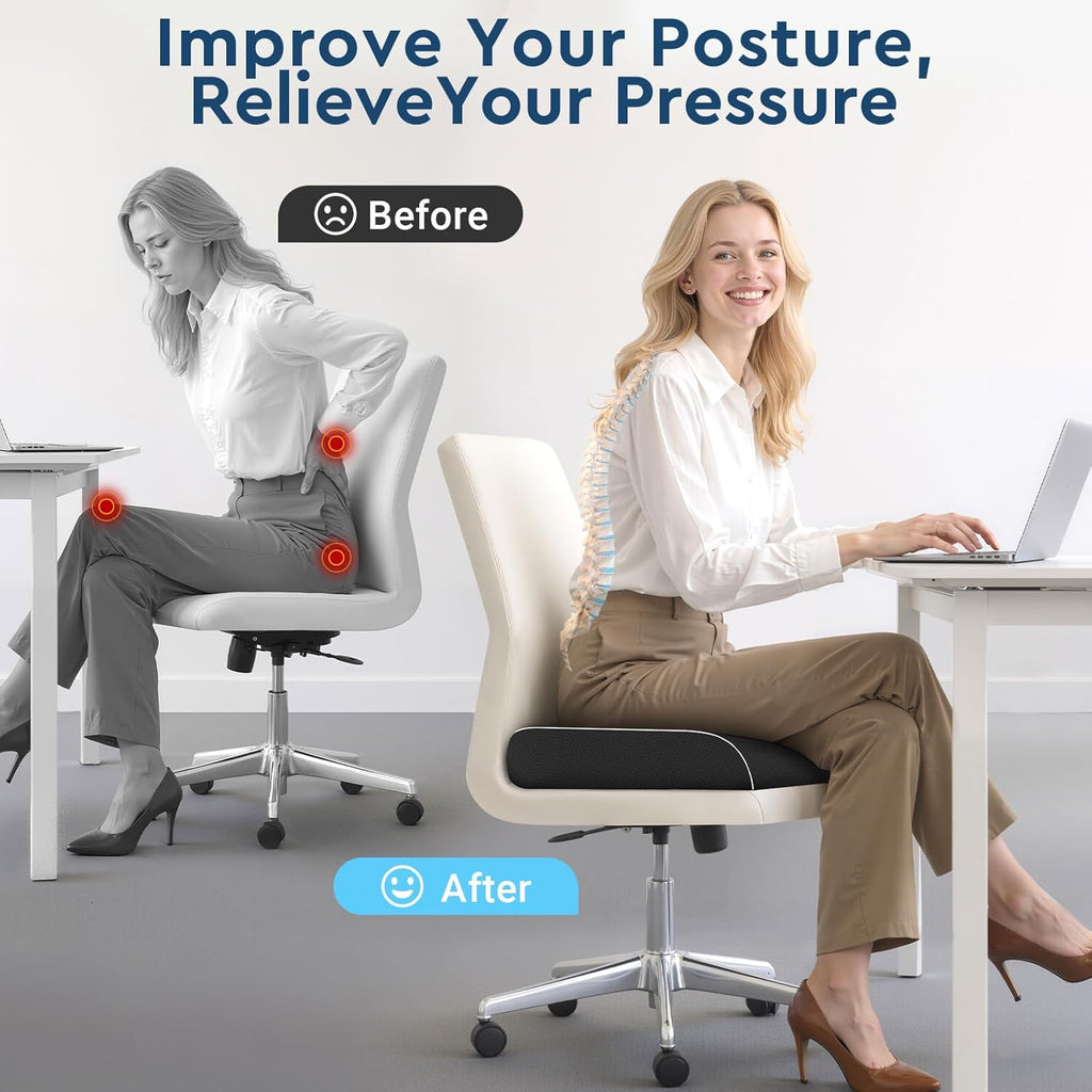 Seat Cushion, Memory Foam Office Chair Cushions for Long Sitting Hours, Chair Pad for Sciatica, Coccyx, Tailbone, Hip Pain & Pressure Relief, Office, Home, Car Seats, Airplane, Black/Large