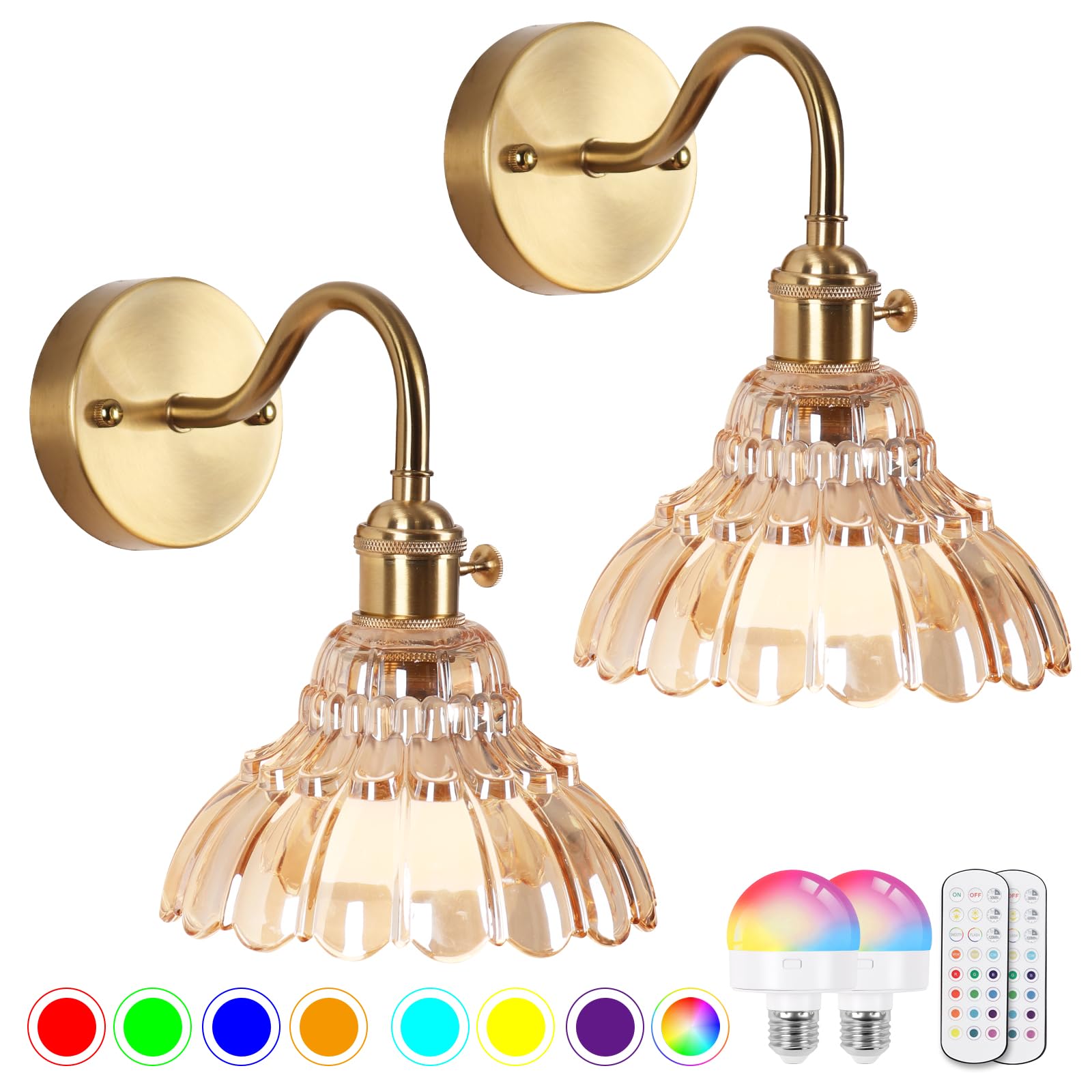 Vintage Battery Operated Wall Sconces Set Of Two, Indoor not Hardwired Brass Green Glass Lampshade Fixtures,Rechargeable Wireless RGB Wall Lights with Dimmable Remote Control,for Bedroom Living Room