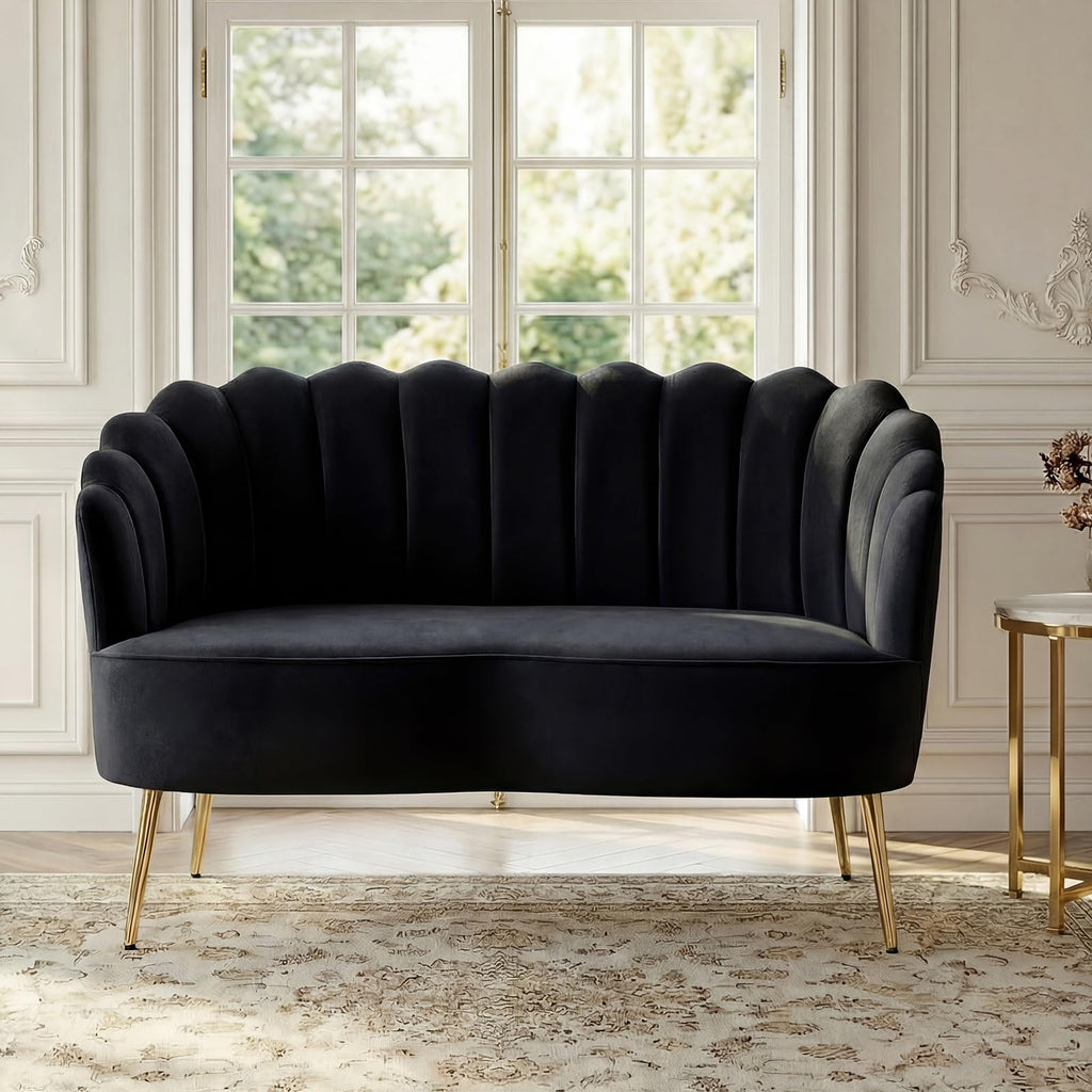 Velvet Upholstered Loveseat Sofa with Gold Metal Legs, Modern Comfy Small Love Seat with Flower Shaped Back, 2-Seater Sofa Accent Couch for Living Bedroom Leisure Areas
