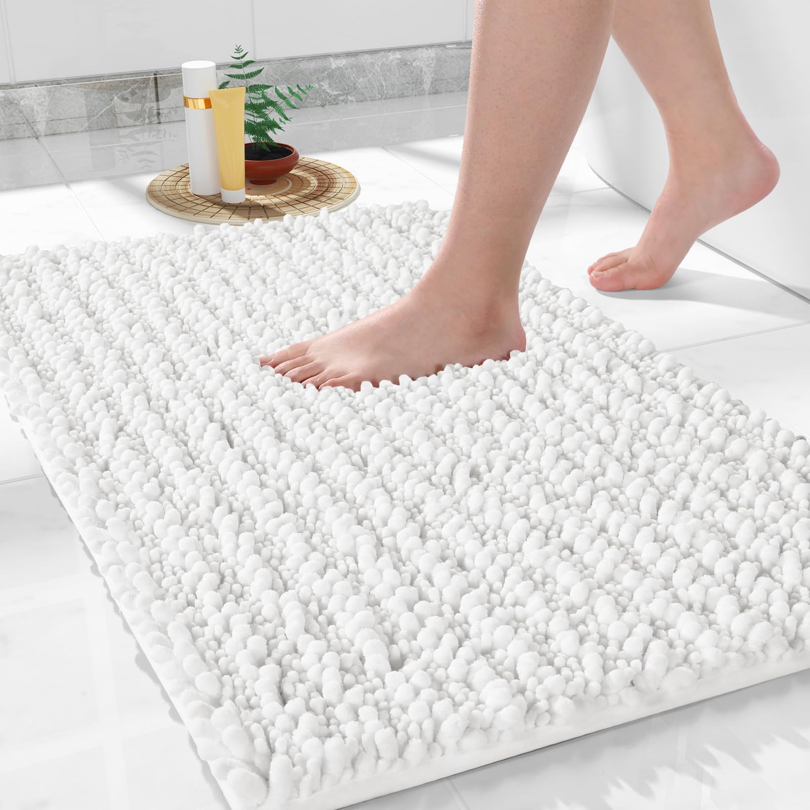 Yimobra Bathroom Rugs Non Slip Washable - Ultra Soft Absorbent Chenille Bath Mat, Quick Dry Shaggy Floor Carpet for Tub Shower, Gray Home Decor Accessories, 24x17 Inch