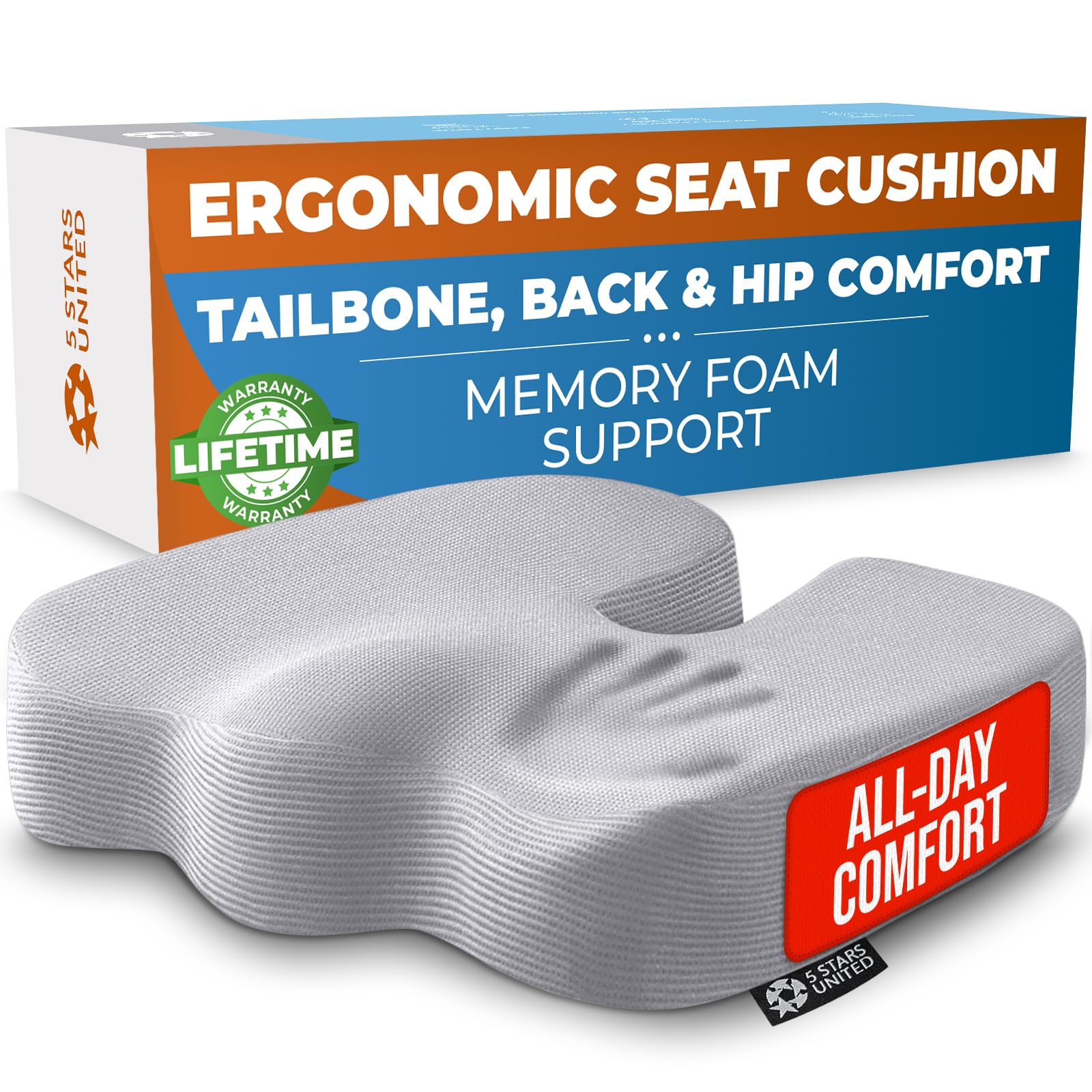 5 STARS UNITED Seat Cushion - Memory Foam Chair Cushion for Tailbone Pain Relief - Ergonomic Support for Coccyx, Sciatica & Butt - Office, Desk & Gaming Chair, Car Seat, Wheelchair, Airplane, Black