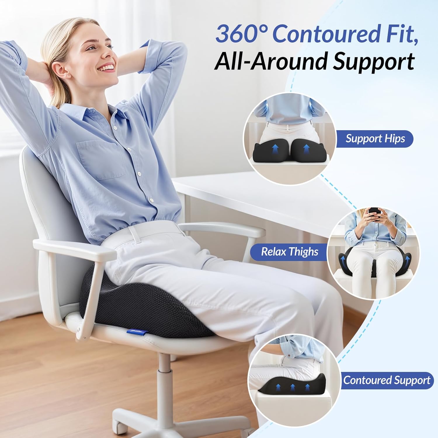 ZIKEE Pioneering Seat Cushion for Pressure Relief, Ergonomic Office Chair Cushion for Sciatica, Back, Hemorrhoids & Tailbone Pain Relief, High-Density Memory Foam Car Seat Cushion with Anti-Slip Base