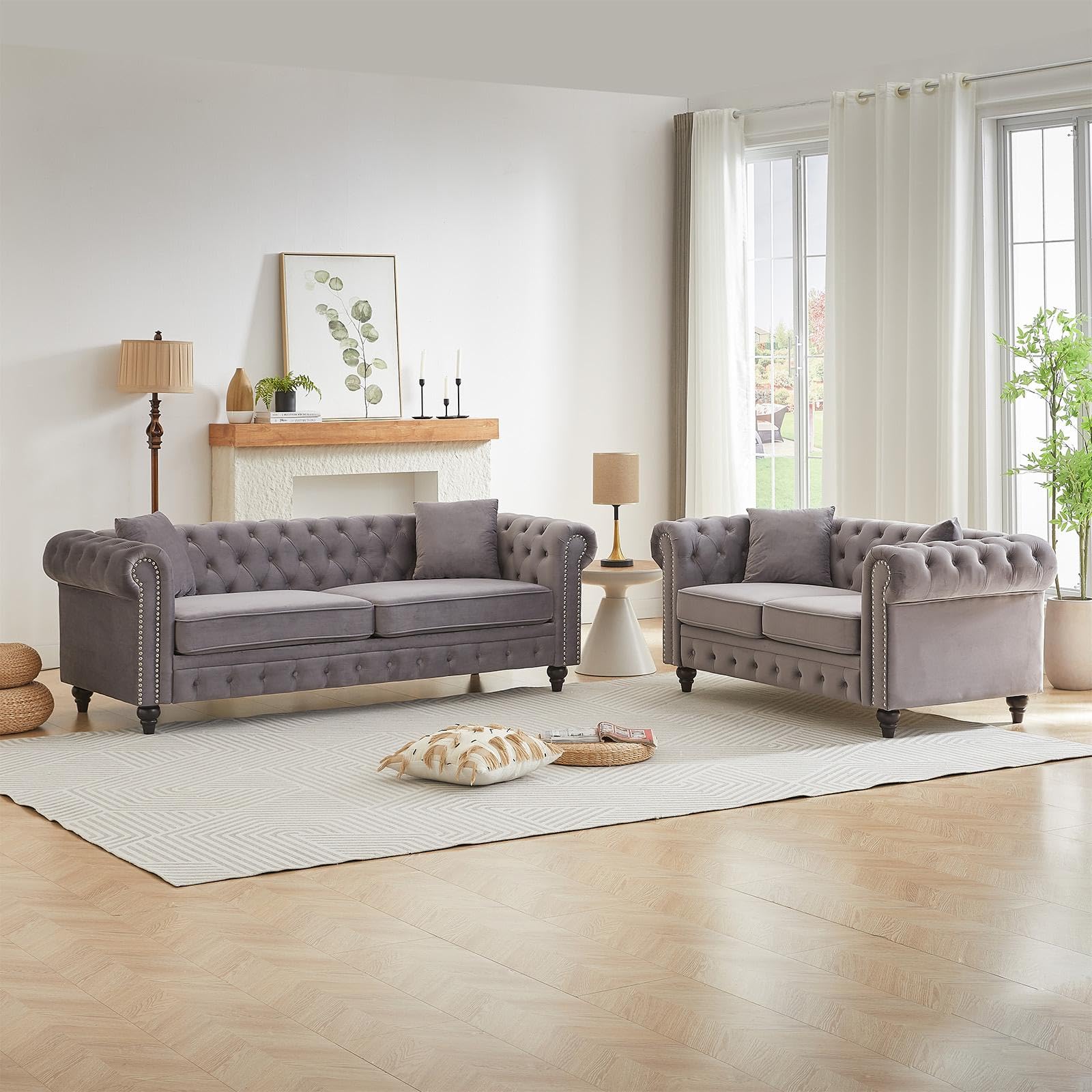 Modern Chesterfield Sofa Set for Living Room, 2 Piece Velvet Fabric Furniture Sets 3 Seater Couch&Loveseat Sofa with Rolled Arms and Tufted Button, Office, Light Grey