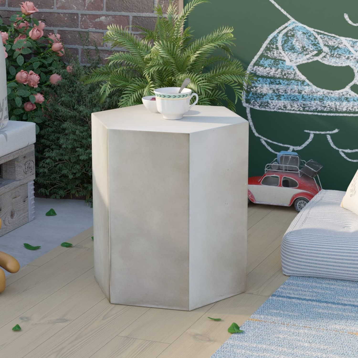 COSIEST Concrete Accent Table, Hexagon Patio Side Table 14.5''Wx16''H, Modular Design Indoor Outdoor End Table, Light Grey