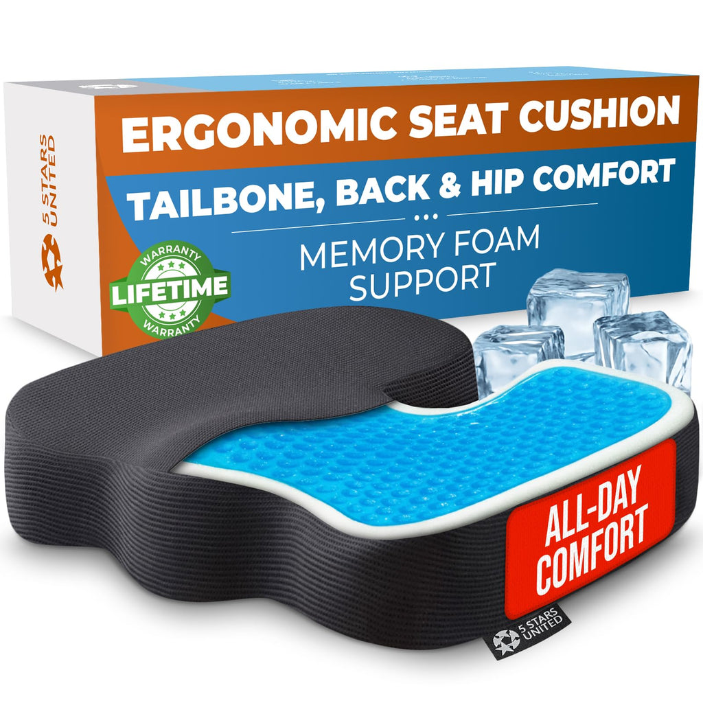 5 STARS UNITED Seat Cushion - Memory Foam Chair Cushion for Tailbone Pain Relief - Ergonomic Support for Coccyx, Sciatica & Butt - Office, Desk & Gaming Chair, Car Seat, Wheelchair, Airplane, Black