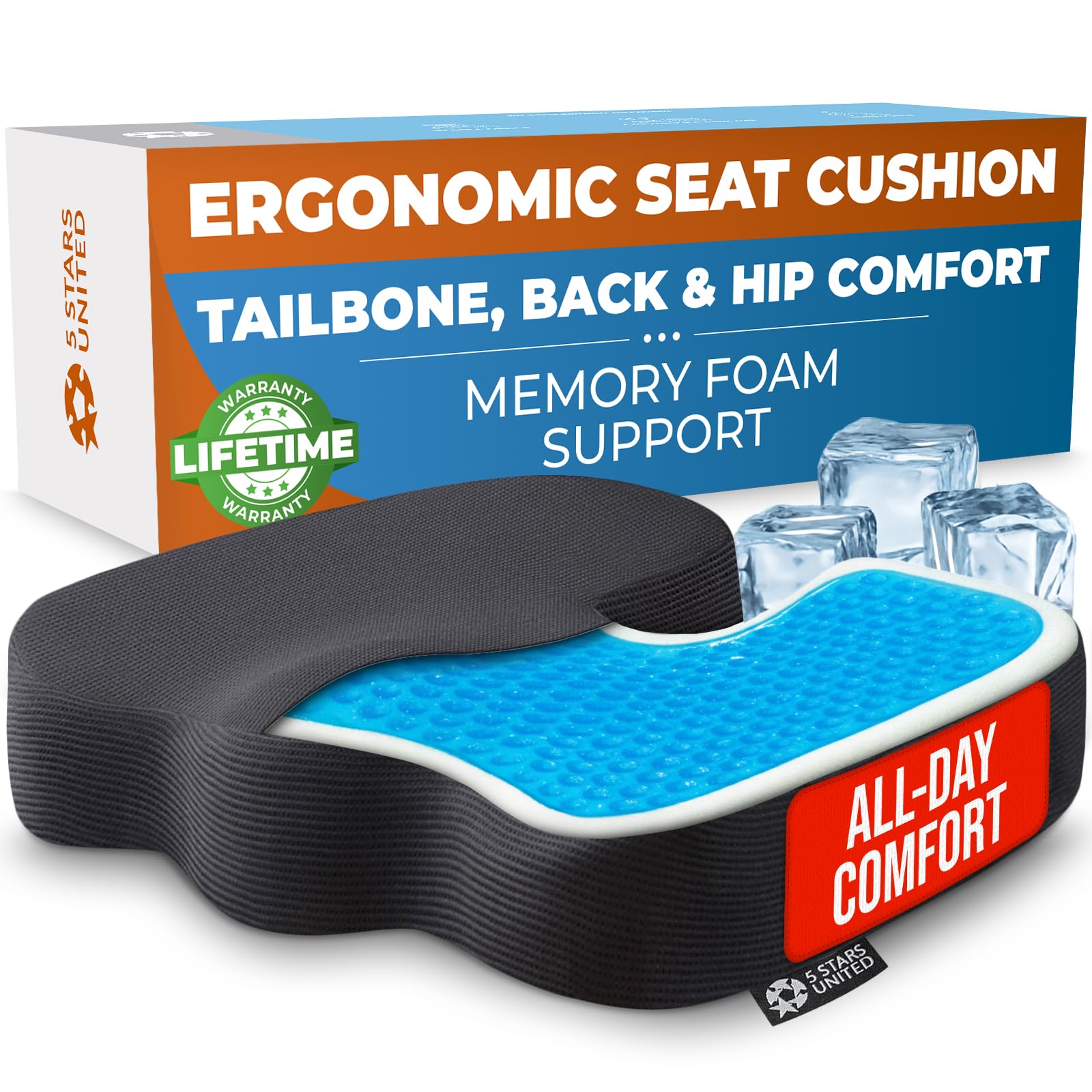 5 STARS UNITED Seat Cushion - Memory Foam Chair Cushion for Tailbone Pain Relief - Ergonomic Support for Coccyx, Sciatica & Butt - Office, Desk & Gaming Chair, Car Seat, Wheelchair, Airplane, Black