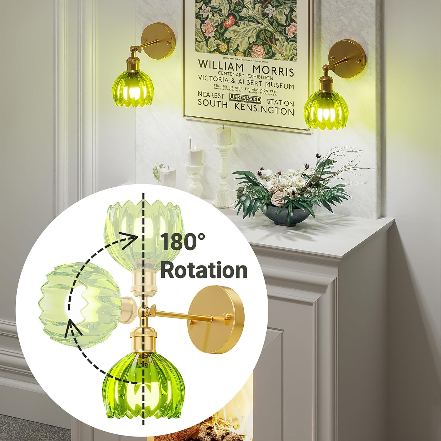 Vintage Battery Operated Wall Sconce Set of 2, Wireless Wall Sconce with Green Tulip Glass Shade, Rechargeable & Remote Control Wall Lamp for Living Room, Bedroom，Hallway Wall Decor Lights