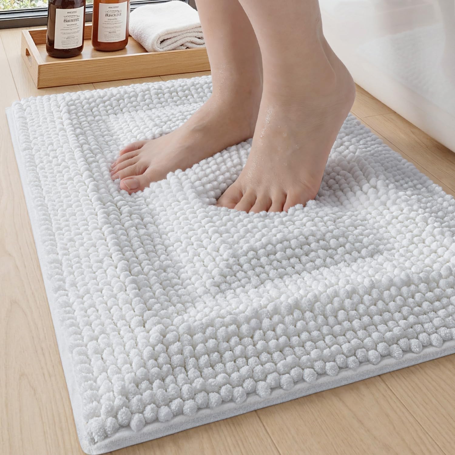 DEXI Bath Mats for Bathroom 16x24, Non Slip Washable Bathroom Rug, Thick Soft Chenille Absorbent Bathmat for Shower Floor, Fluffy Shaggy Carpet for Tub, Grey