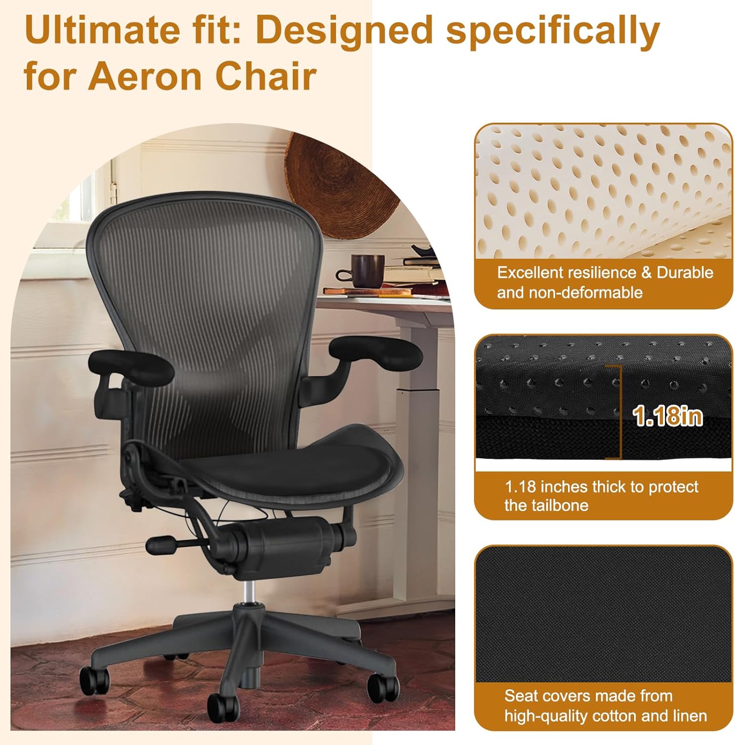 Seat Cushion for Herman Miller Aeron Chair, Natural Latex Ergonomic Office Chair Cushion, Soft and Comfortable Seat Mat（Fit A/B/C Size ） (Black)