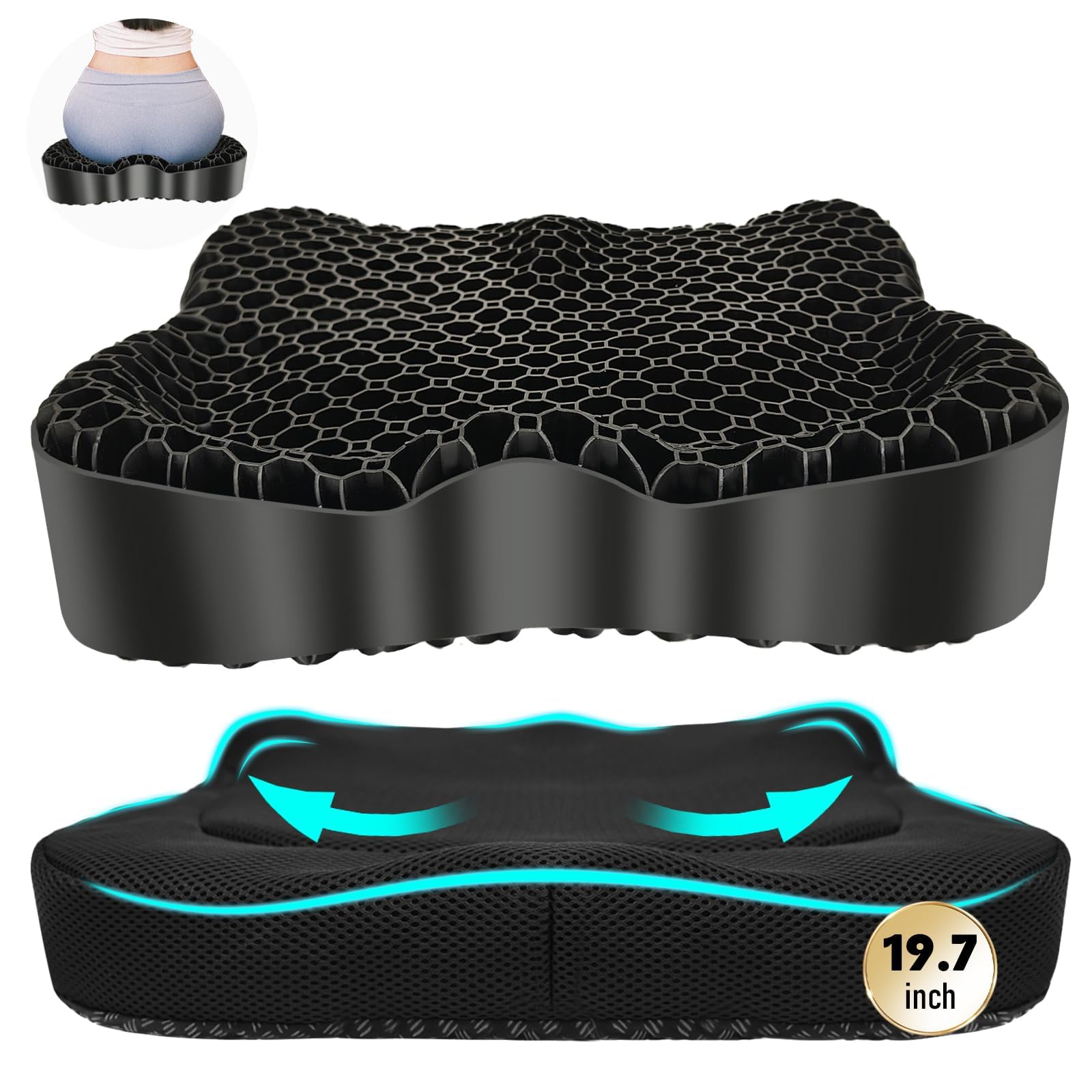 Cooling Gel Seat Cushion, Thickened Big Breathable Honeycomb Design Absorbs Pressure Points Gel Cushion with Anti-Slip Cover Cooling Seat Cushion for Office Chair Home Car Seat Cushion for Wheelchair