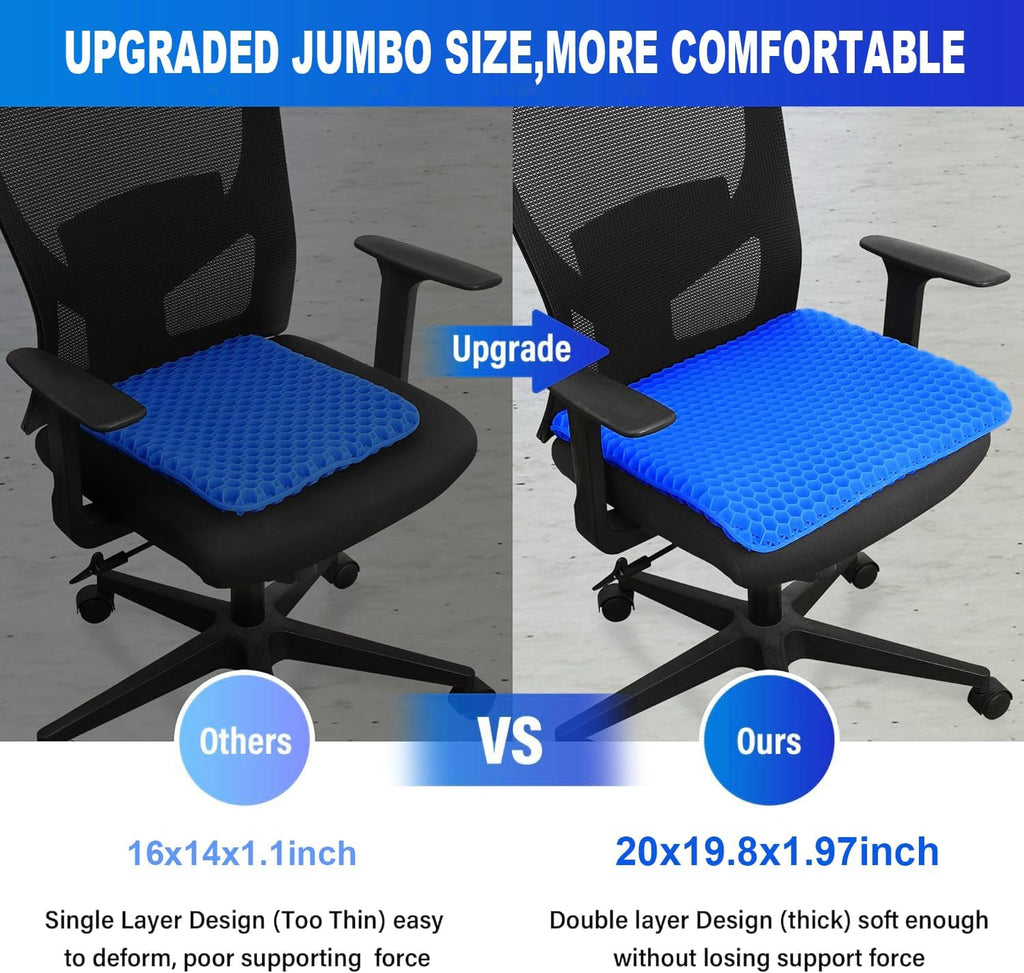 20" Gel Seat Cushion for Long Sitting Pressure Relief - Jumbo & Thick Gel Cushions for Office Chairs - Tailbone Pain Relief Cushion, Sciatica & Back Support, Wheelchair Cushions & Car Seat Cushion