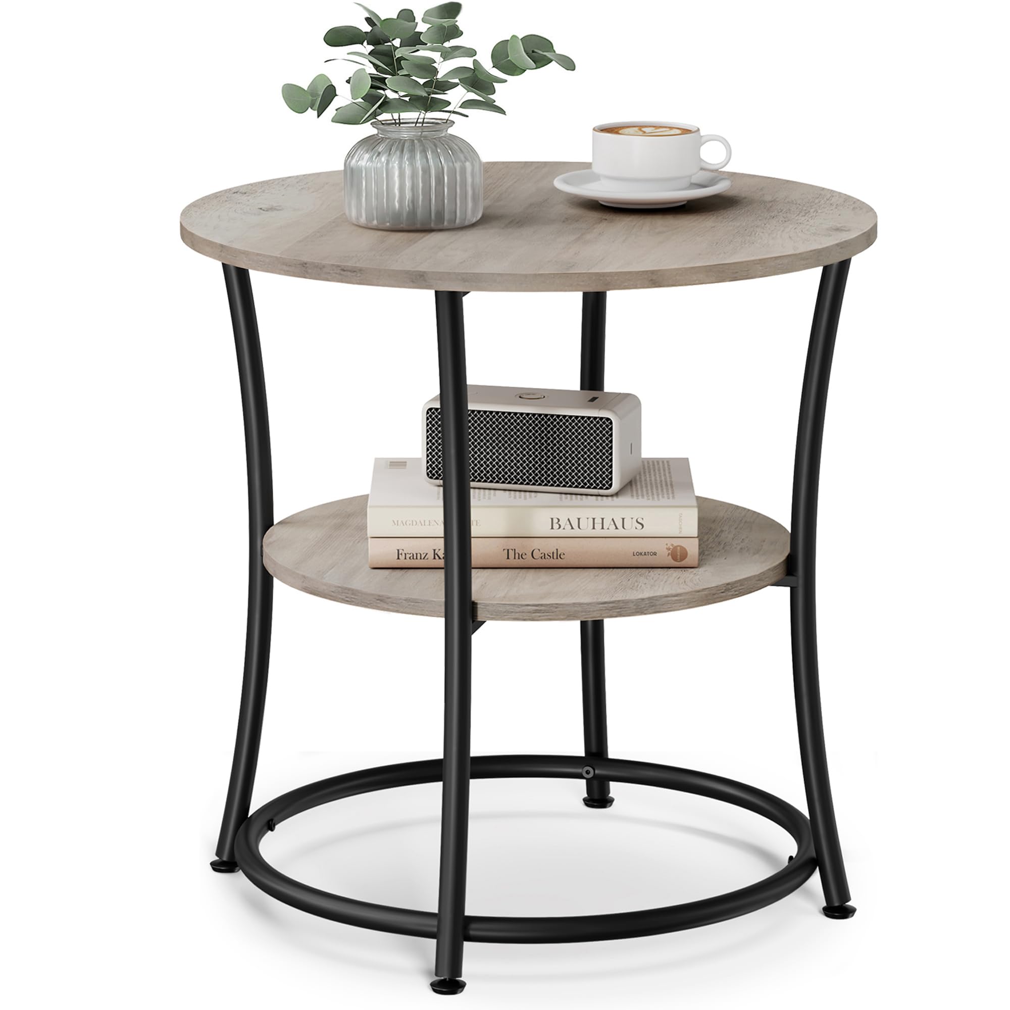 VASAGLE 21.7-Inch Round Side Table, 2-Tier End Table, Nightstand with Steel Frame, Spacious Top, for Small Spaces, Living Room, Bedroom, Heather Greige and Ink Black ULET56BG | 2 Storage Shelves, Living Room, Bedroom, Nightstand, Small Spaces, Accent Coff