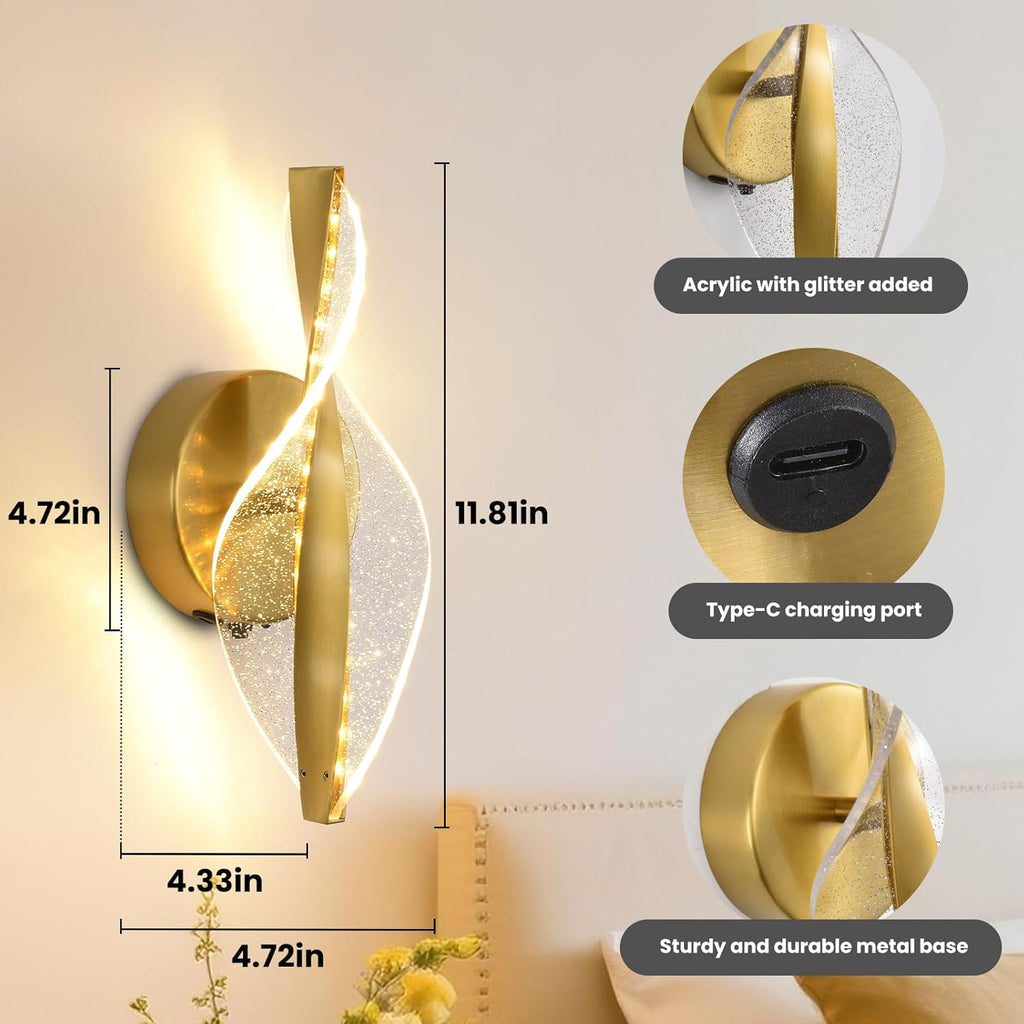 LED Wall Sconces Set of Two Battery Operated, 5000mAh USB Rechargeable Gold Acrylic Wall Lights with Remote, Dimmable Wireless Wall Lamp for Living Room, Bedroom, Hallway,11.8 Inch