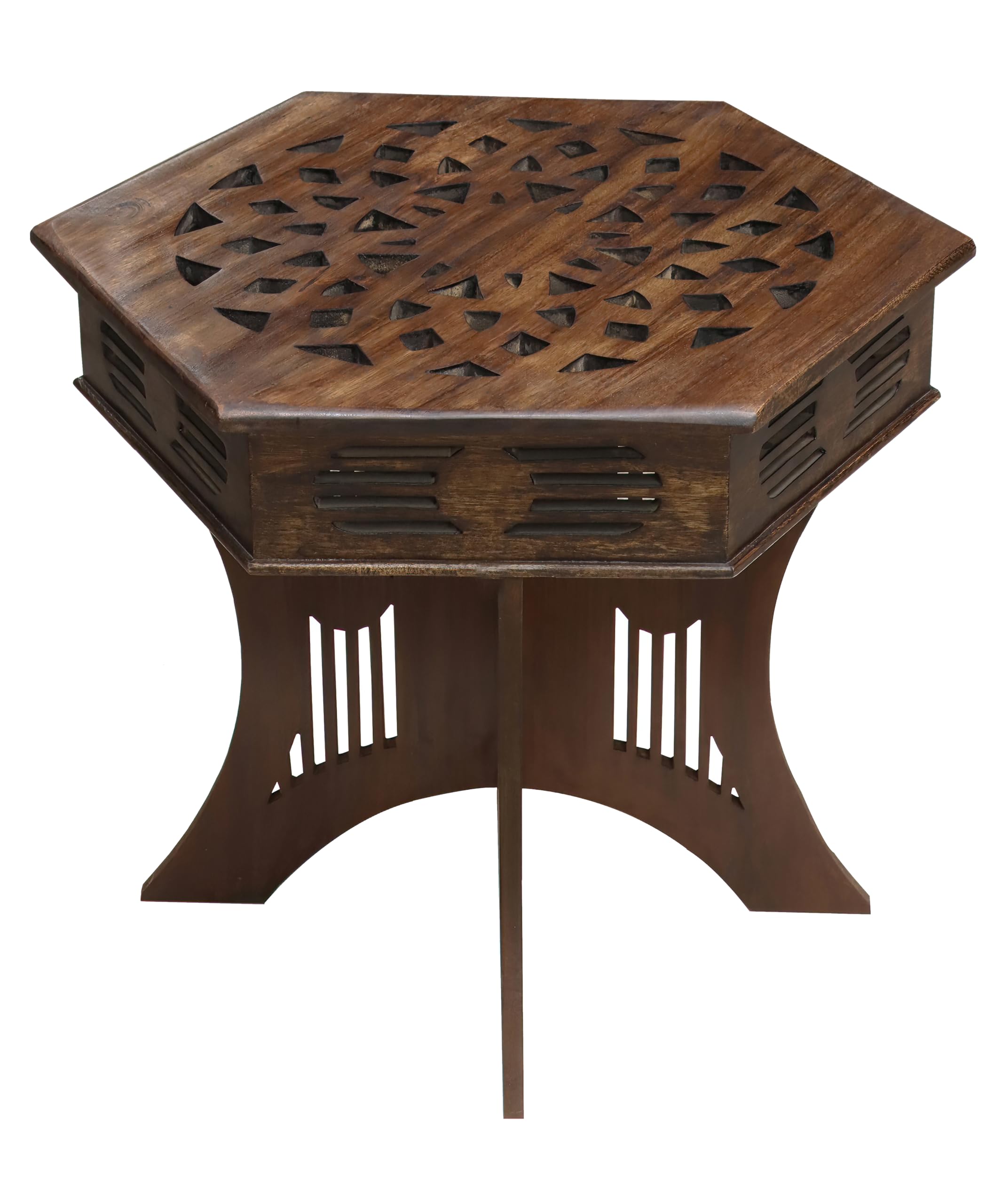 COTTON CRAFT Solid Wood Accent End Table - Hand Carved Vintage Boho Folding Side Table - Small Spaces Entryway Farmhouse Living Room Bedside - No Tools Assembly - 18x18 Octagon - Brown