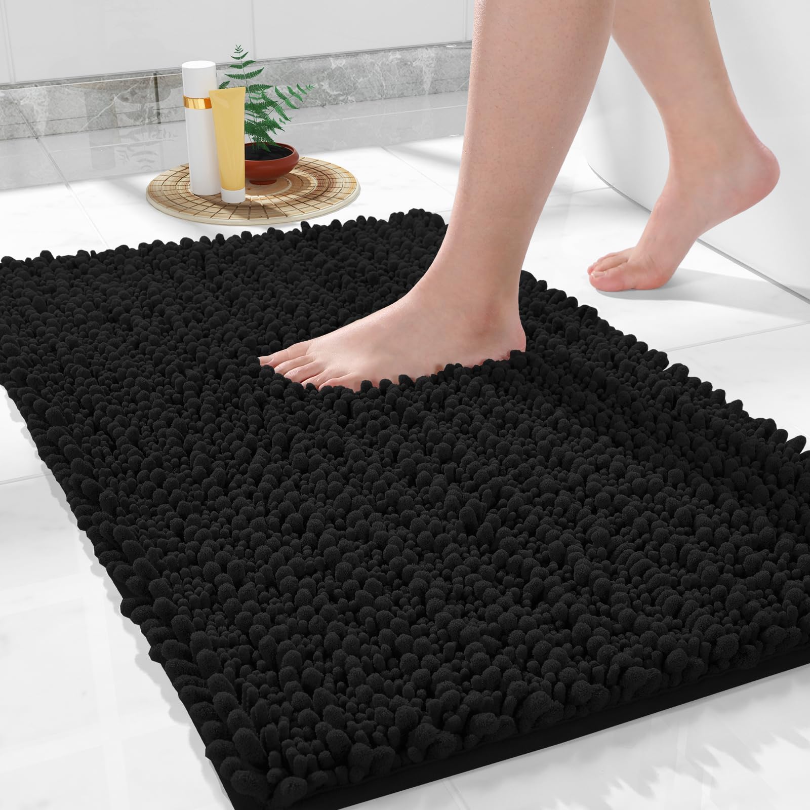 Yimobra Bathroom Rugs Non Slip Washable - Ultra Soft Absorbent Chenille Bath Mat, Quick Dry Shaggy Floor Carpet for Tub Shower, Gray Home Decor Accessories, 24x17 Inch