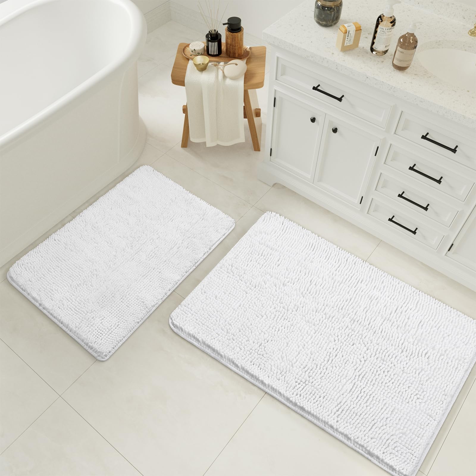 LOCHAS Bathroom Rugs Sets 2 Piece, 17 x 24 Plus 20 x 32 Inches Thick Non Slip Bath Rug Set, Absorbent Soft Chenille Bath Rug, Machine Washable Quick Dry Bath Mat for Bathroom Floor, Grey
