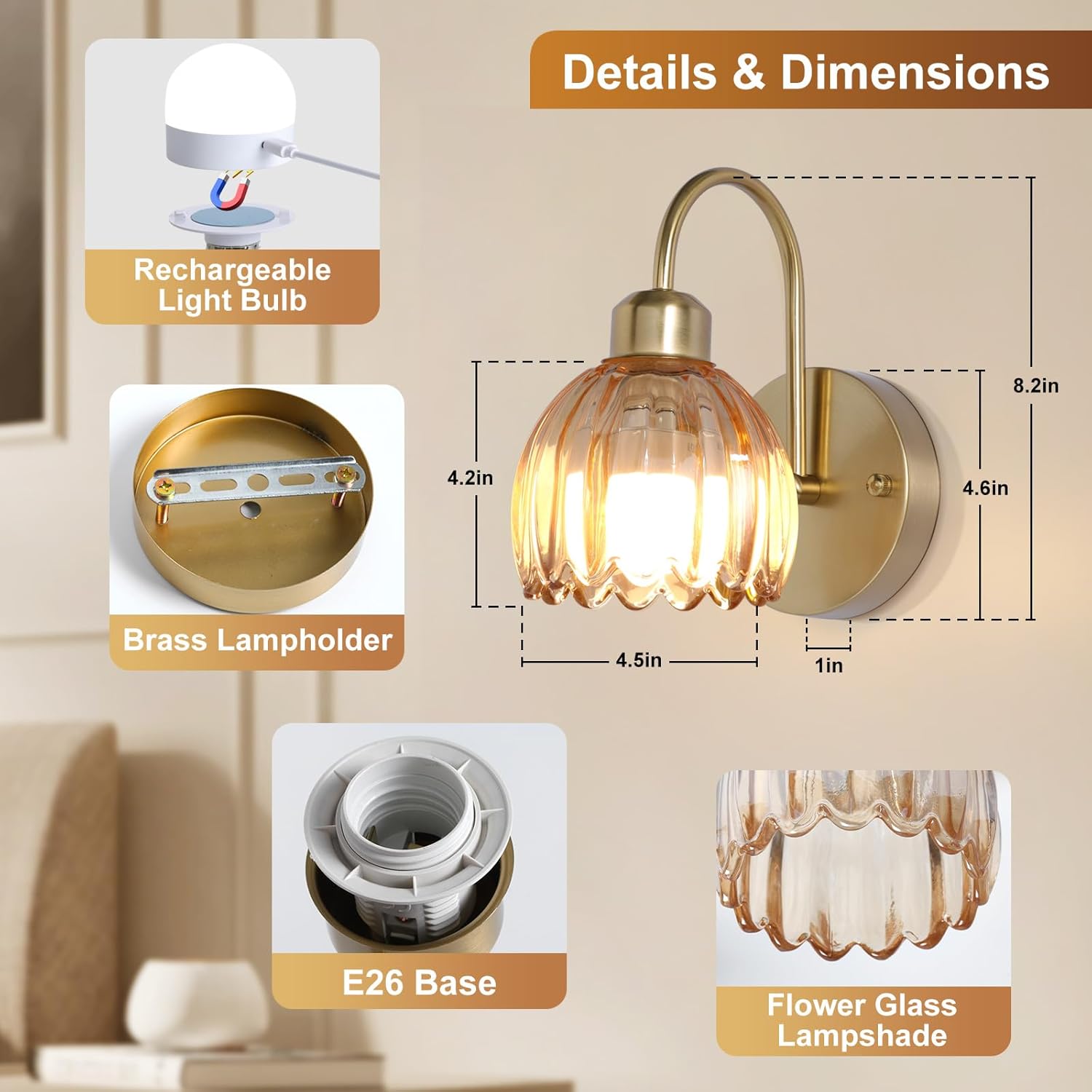 Vintage Battery Operated Wall Sconces Set of Two, Tulip Glass Lampshade Rechargeable Wall Lights, LED 15 Colors Gold Wall Lamp for Bedroom Bedside Doorway