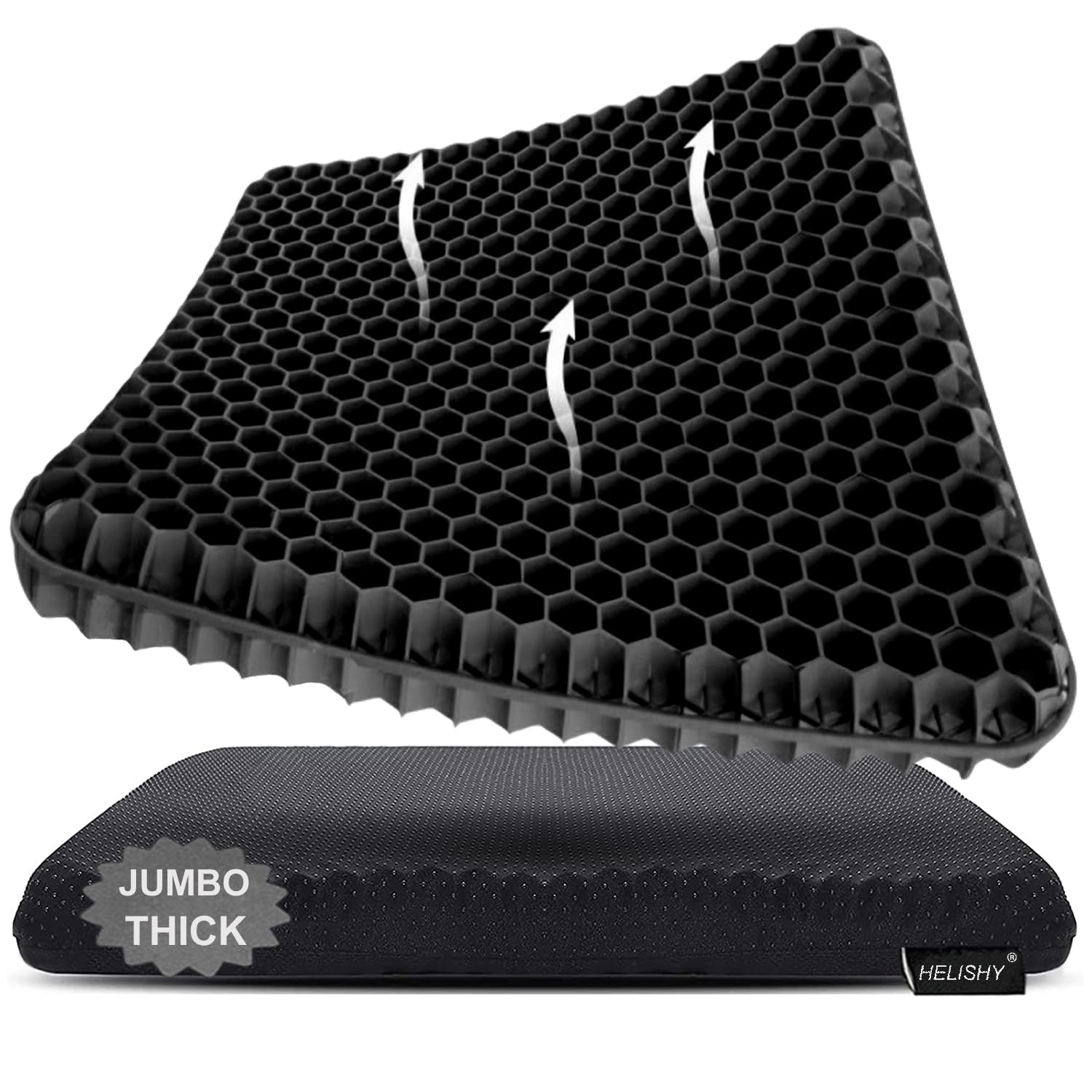 Gel Seat Cushion, Jumbo&Thick Gel Cushion with Non-Slip Cover for Home Office Car Seat Wheelchair, Soft Breathable Honeycomb Chair Pads for Relieve Hip Pain, Black 20x20x1.9inch