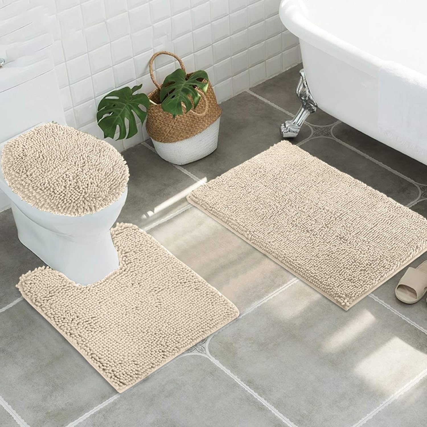 MAYSHINE Round Area Rug Set for Bathroom | Soft Plush Chenille Bath Mat, Water Absorbent Non-Slip Bathroom Rug | Washable Shag Carpet for Shower, Bedroom, or Home Décor | 36"x36" (Round) | White