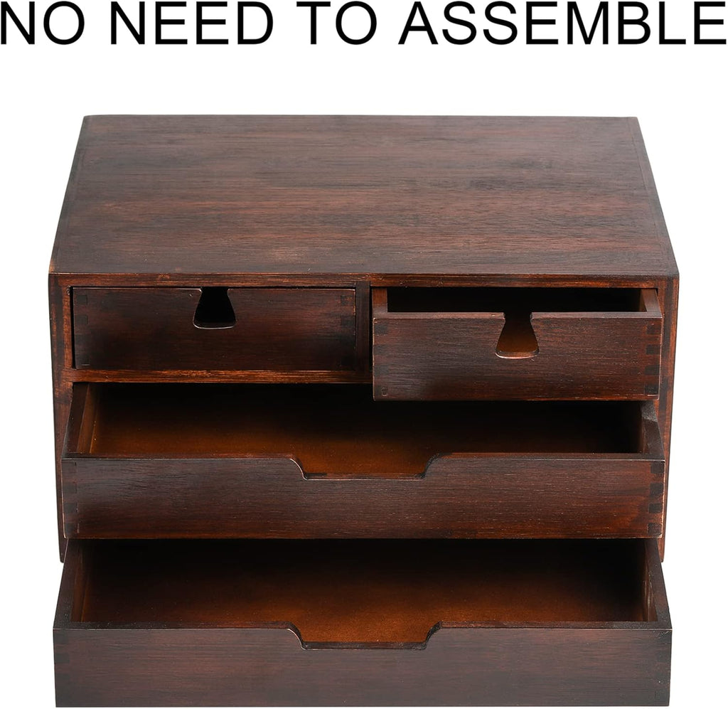 DEAYOU Bamboo Desk Organizer, 100% Natural Bamboo Desktop Drawer Organizer, Dark Brown Tabletop Storage Cabinet Organization Box with 4 Drawer for Makeup, Letter, Home, 3 Layer, Fully Assemble