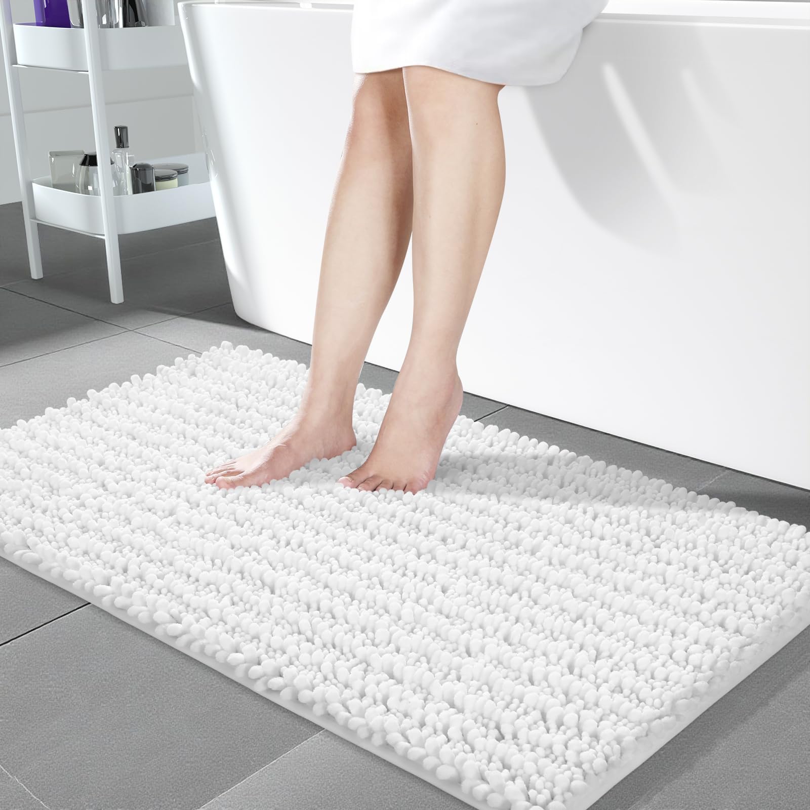 Yimobra Bathroom Rugs Non Slip Washable - Ultra Soft Absorbent Chenille Bath Mat, Quick Dry Shaggy Floor Carpet for Tub Shower, Gray Home Decor Accessories, 24x17 Inch