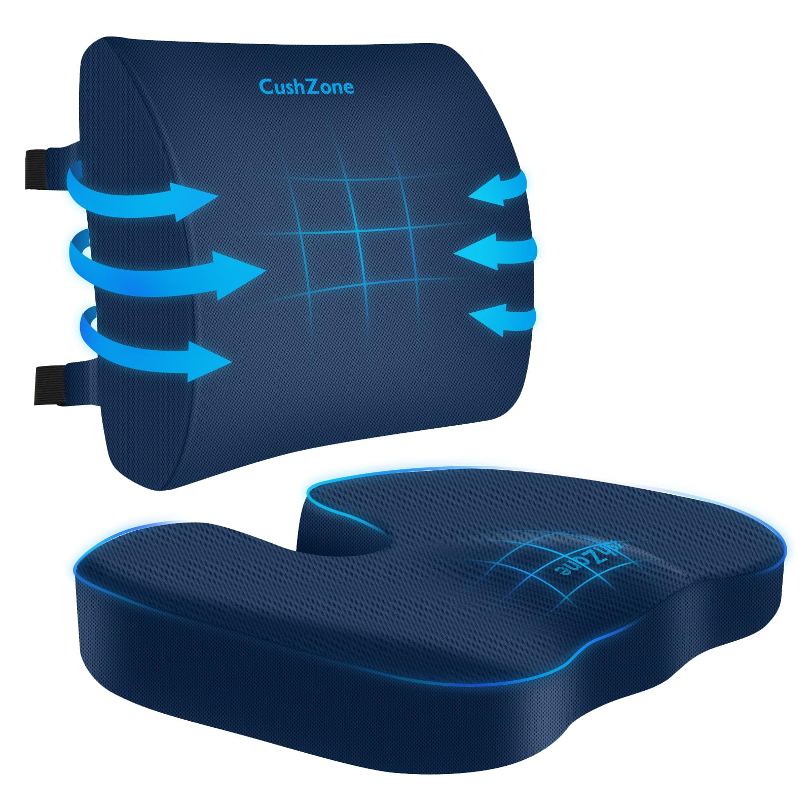 CushZone Ergonomic Seat Cushion & Lumbar Support Pillow - Memory Foam for Sciatica Pain Relief & Posture Correction, Non-Slip Chair Cushions for Office Chair/Car/Wheelchair/Travel (Black)
