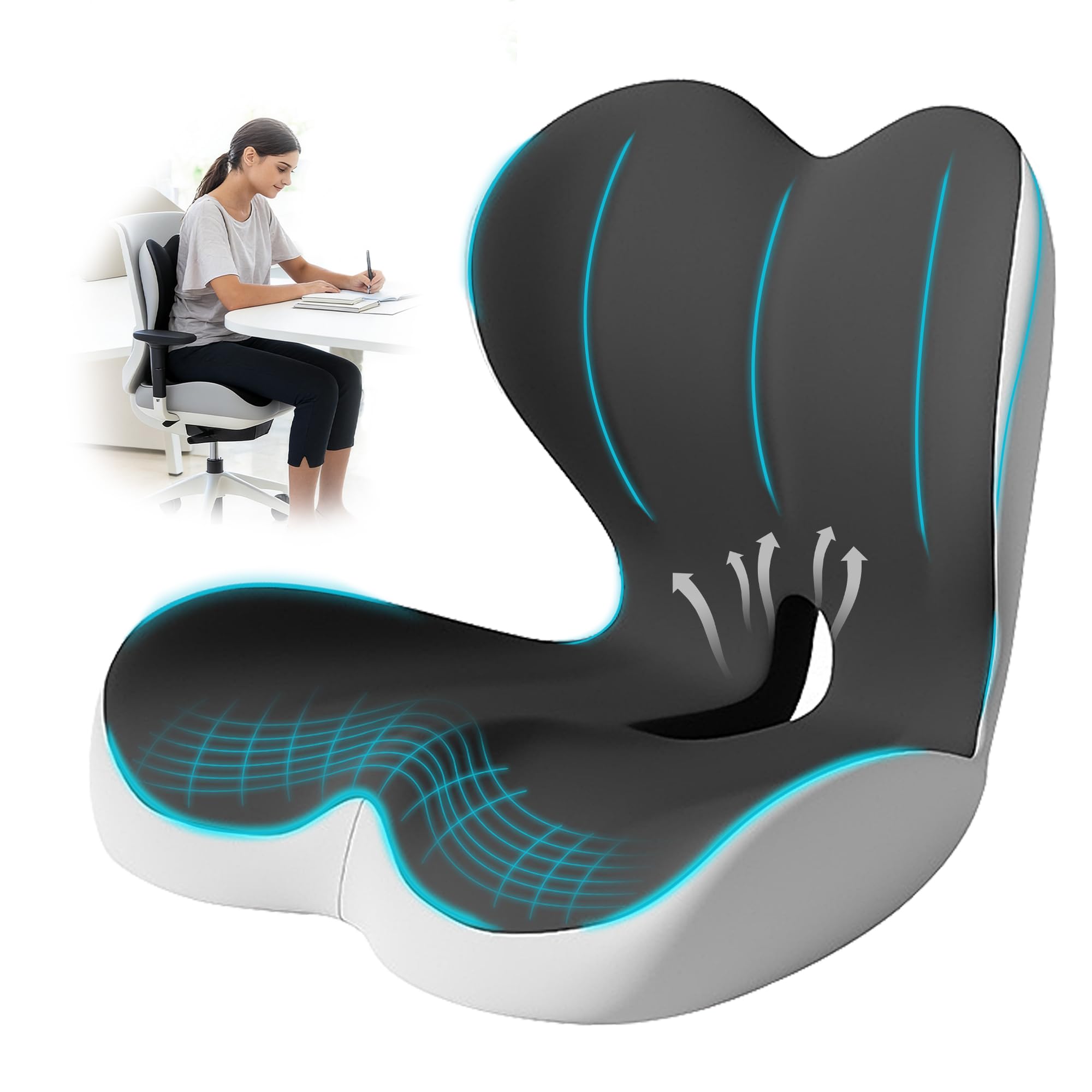 Seat Cushion for Office Chair and Car, Lumbar Support Pillow for Office Chair, Memory Foam Ergonomic Seat Cushion for Long Sitting, Back & Tailbone Pain, Sciatica - Black