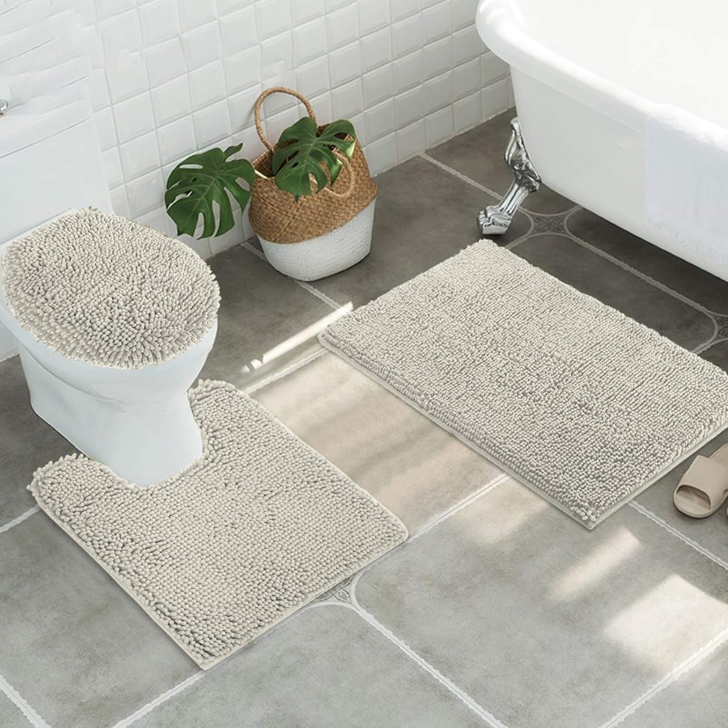 MAYSHINE Round Area Rug Set for Bathroom | Soft Plush Chenille Bath Mat, Water Absorbent Non-Slip Bathroom Rug | Washable Shag Carpet for Shower, Bedroom, or Home Décor | 36"x36" (Round) | White
