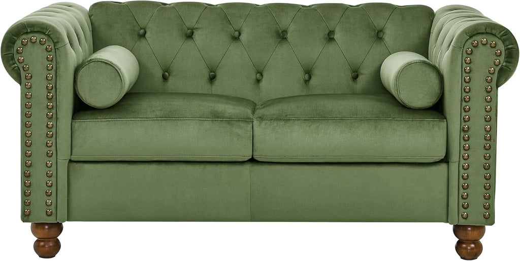 Velvet Loveseat Couch, Rolled Arm 2-Seater Tufted Sofa with Nailhead Trim and 2 Neck Roll Pillows, Living Room Small Apartment Office Décor Green