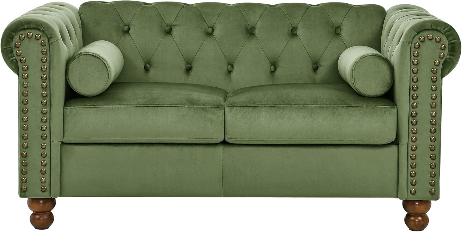 Velvet Loveseat Couch, Rolled Arm 2-Seater Tufted Sofa with Nailhead Trim and 2 Neck Roll Pillows, Living Room Small Apartment Office Décor Green