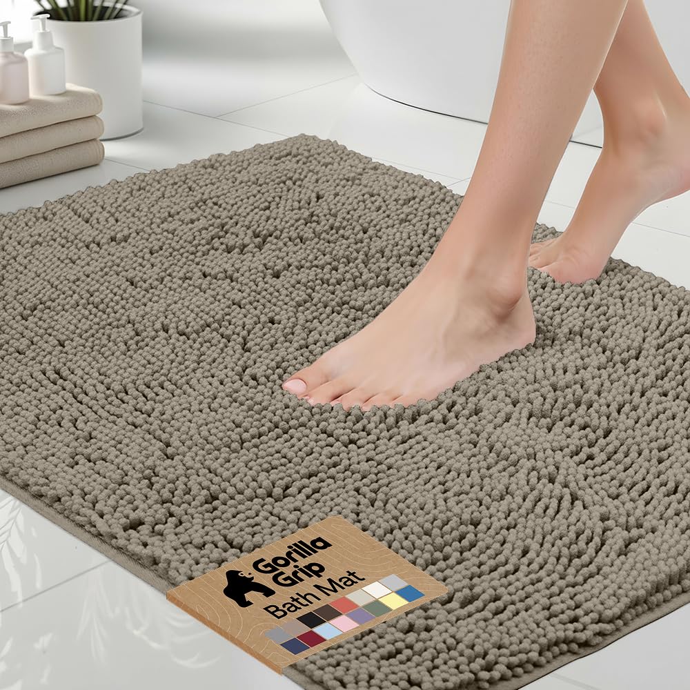 GORILLA GRIP Bath Rug Mat, Thick Soft Absorbent Chenille, Quick Dry Microfiber Mats, Rubber Backing Washable Shower Floor Rugs, US Designed Bathroom Bathmat Home Decor Accessories, 24x17, Grey