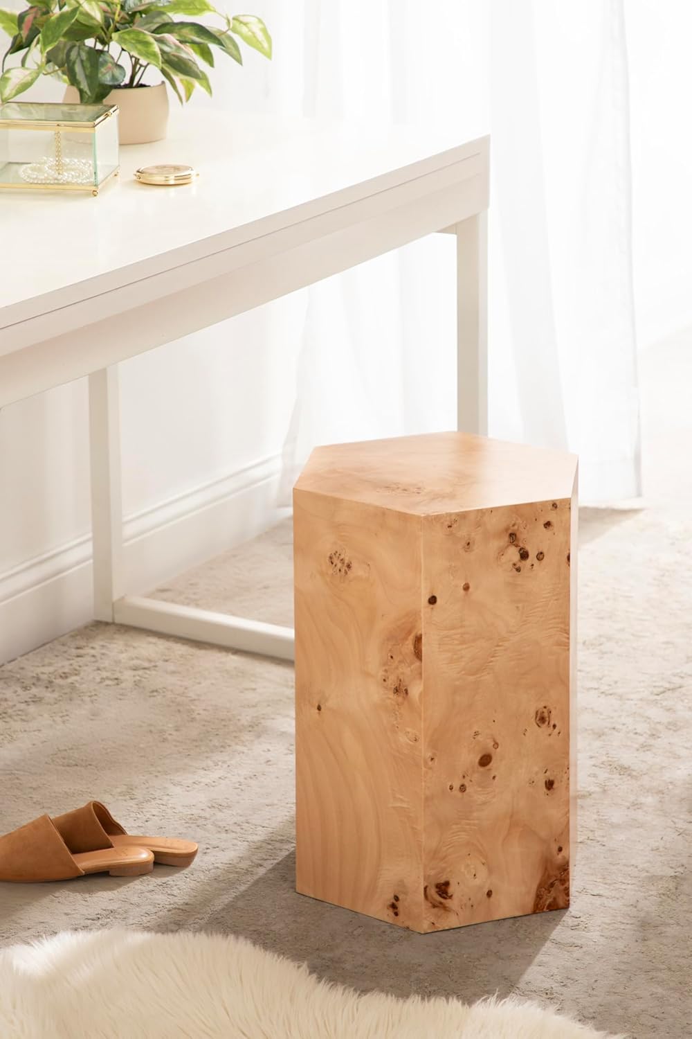 Kate and Laurel Berkett Hexagon Burlwood Side Table, 14 x 12 x 19, Natural Wood, Transitional End Table for Use as Burlwood Nightstand, Living Room Pedestal Table, or Dorm Room Vanity Stool