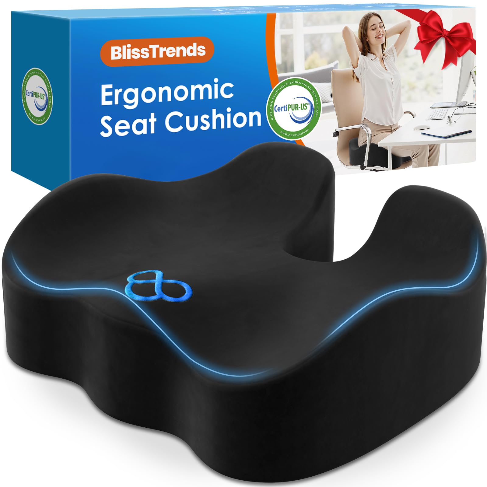 BlissTrends Seat Cushion with Velvet Cover, Thick Memory Foam Cushions for Office Chair, Car Seat, Airplane, Relieving Pressure Tailbone Sciatica Back Pain for Long Sitting, Car Drivers 4.7in Black