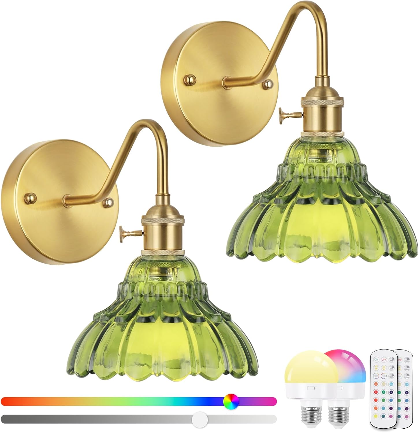 Vintage Battery Operated Wall Sconces Set Of Two, Indoor not Hardwired Brass Green Glass Lampshade Fixtures,Rechargeable Wireless RGB Wall Lights with Dimmable Remote Control,for Bedroom Living Room