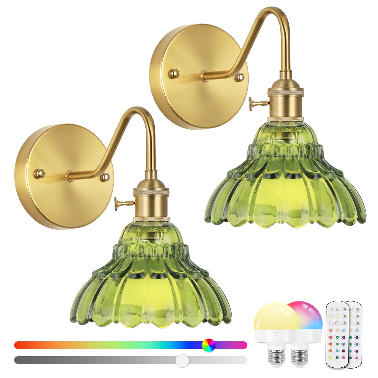 Vintage Battery Operated Wall Sconces Set Of Two, Indoor not Hardwired Brass Green Glass Lampshade Fixtures,Rechargeable Wireless RGB Wall Lights with Dimmable Remote Control,for Bedroom Living Room