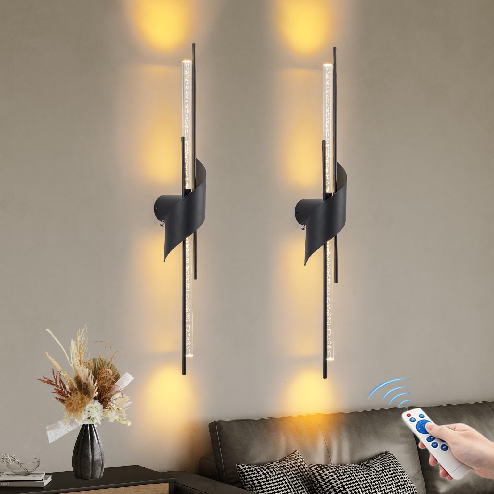 camuucci Battery Operated Wall Sconces Set of Two,Modern Wireless Wall Lights,LED Rechargeable 20000mAh Not Hardwired Remote Control Dimmable Wall Lamp Fixtures for Bedroom Black 33 Inches