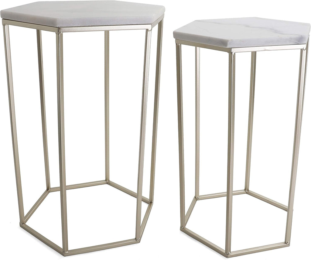 Rutledge & King Hexagon End Table Set - End Tables with Mirrored Tops - Nesting Geometric Accent Tables - Marble Metal Side Tables Hexagon End Table Set (Gold)