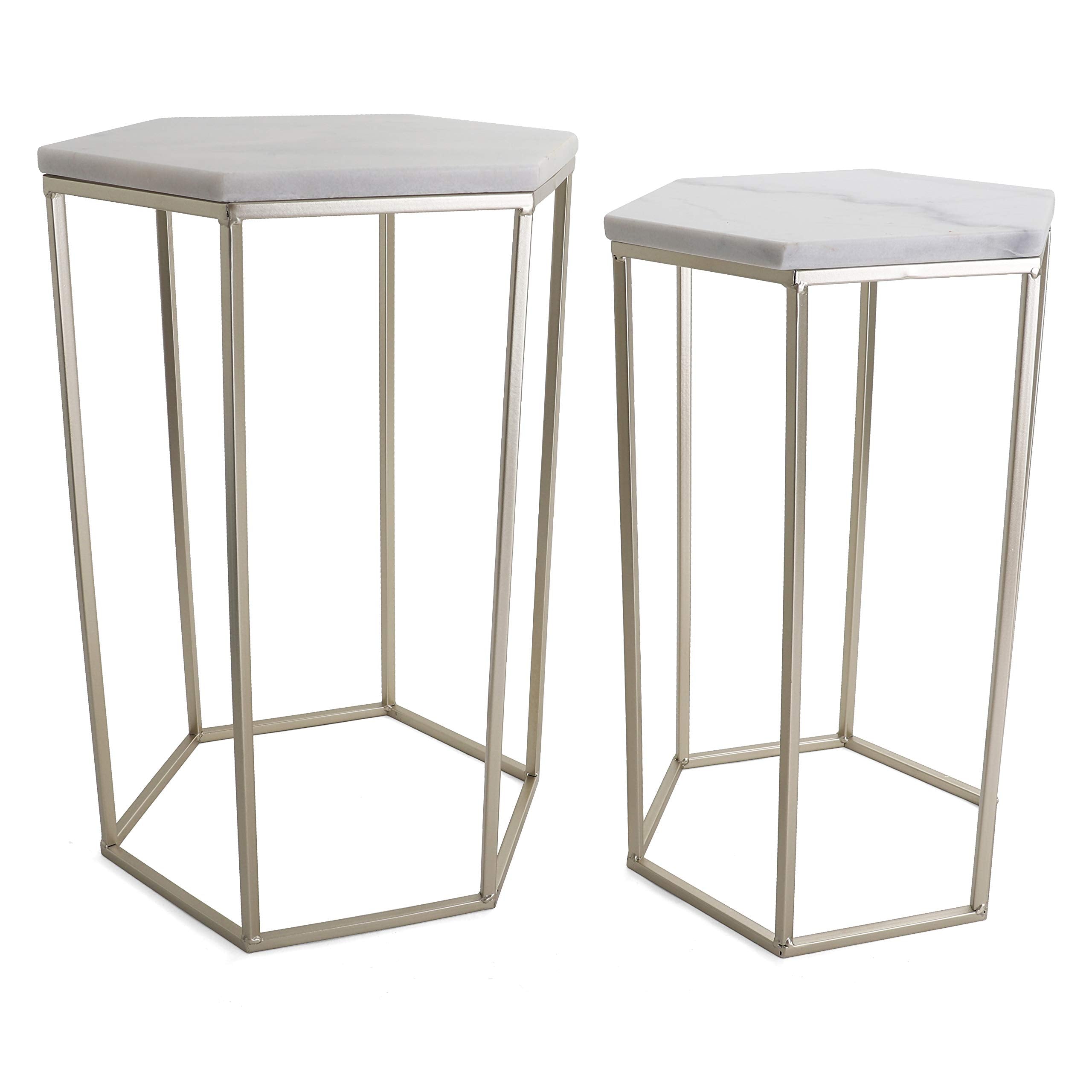 Rutledge & King Hexagon End Table Set - End Tables with Mirrored Tops - Nesting Geometric Accent Tables - Marble Metal Side Tables Hexagon End Table Set (Gold)