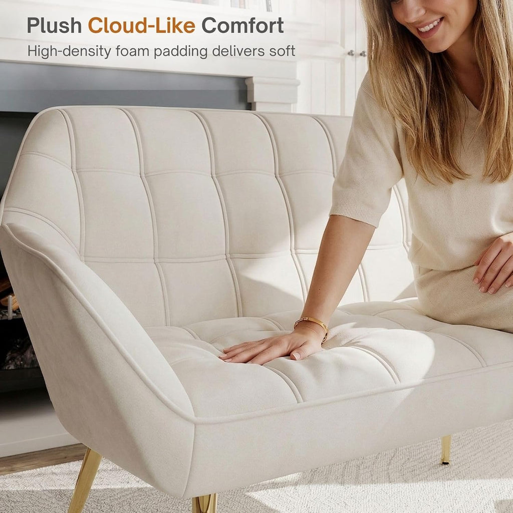 Hyfirm 48" Cream Velvet Tufted Loveseat Sofa, Modern Luxury Mini Couch with Gold Metal Legs, Comfy Small Loveseat for Small Space, Living Room, Bedroom, Apartment & Office
