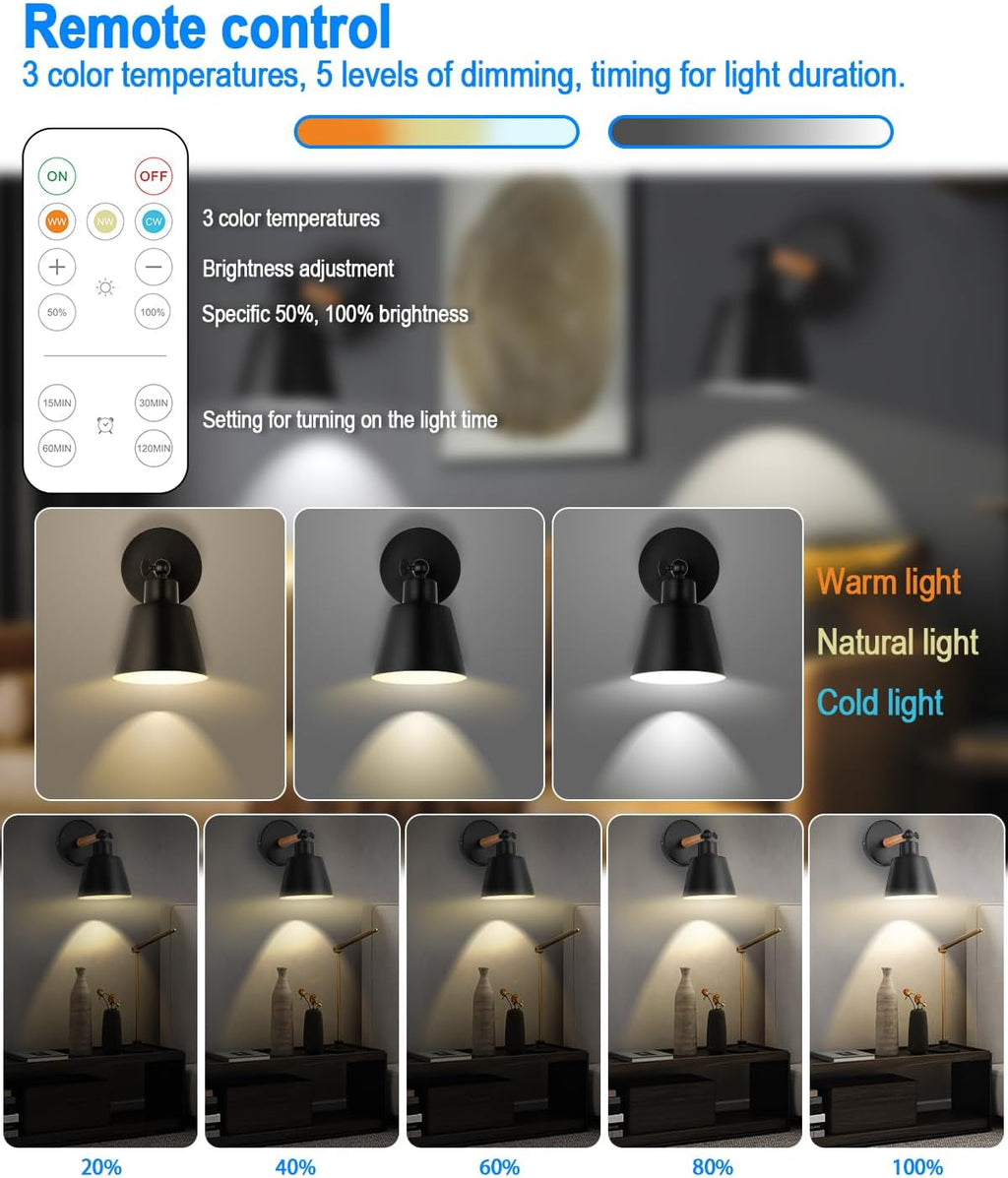 Black Battery Operated Wall Sconce Set of Two, Easy to Install Wireless Lights for Wall, Remote Control Dimmable LED Lights, Auto Timer Wall Lamp Fixtures for Bedroom, Gallery, Living Room, RV