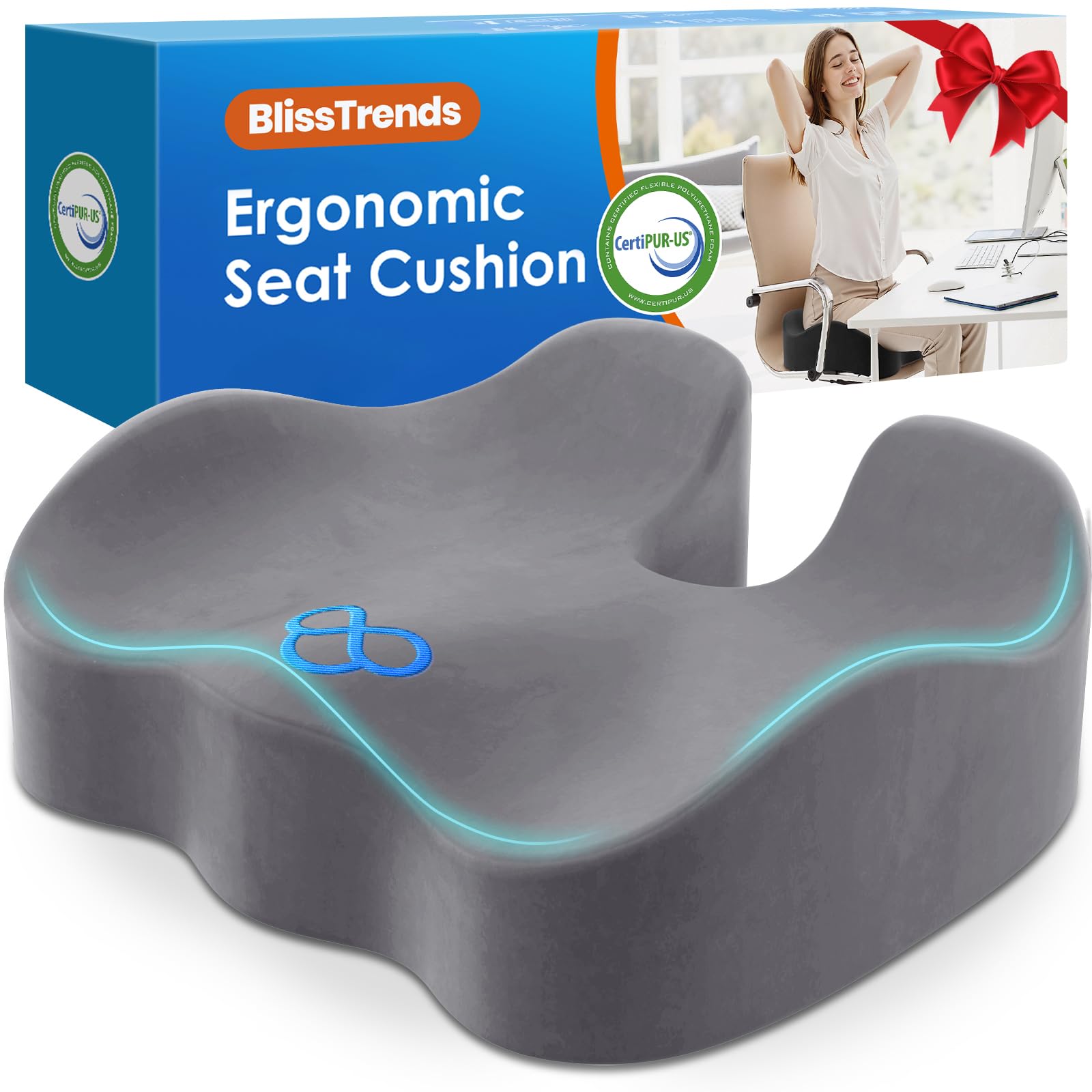 BlissTrends Seat Cushion with Velvet Cover, Thick Memory Foam Cushions for Office Chair, Car Seat, Airplane, Relieving Pressure Tailbone Sciatica Back Pain for Long Sitting, Car Drivers 4.7in Black