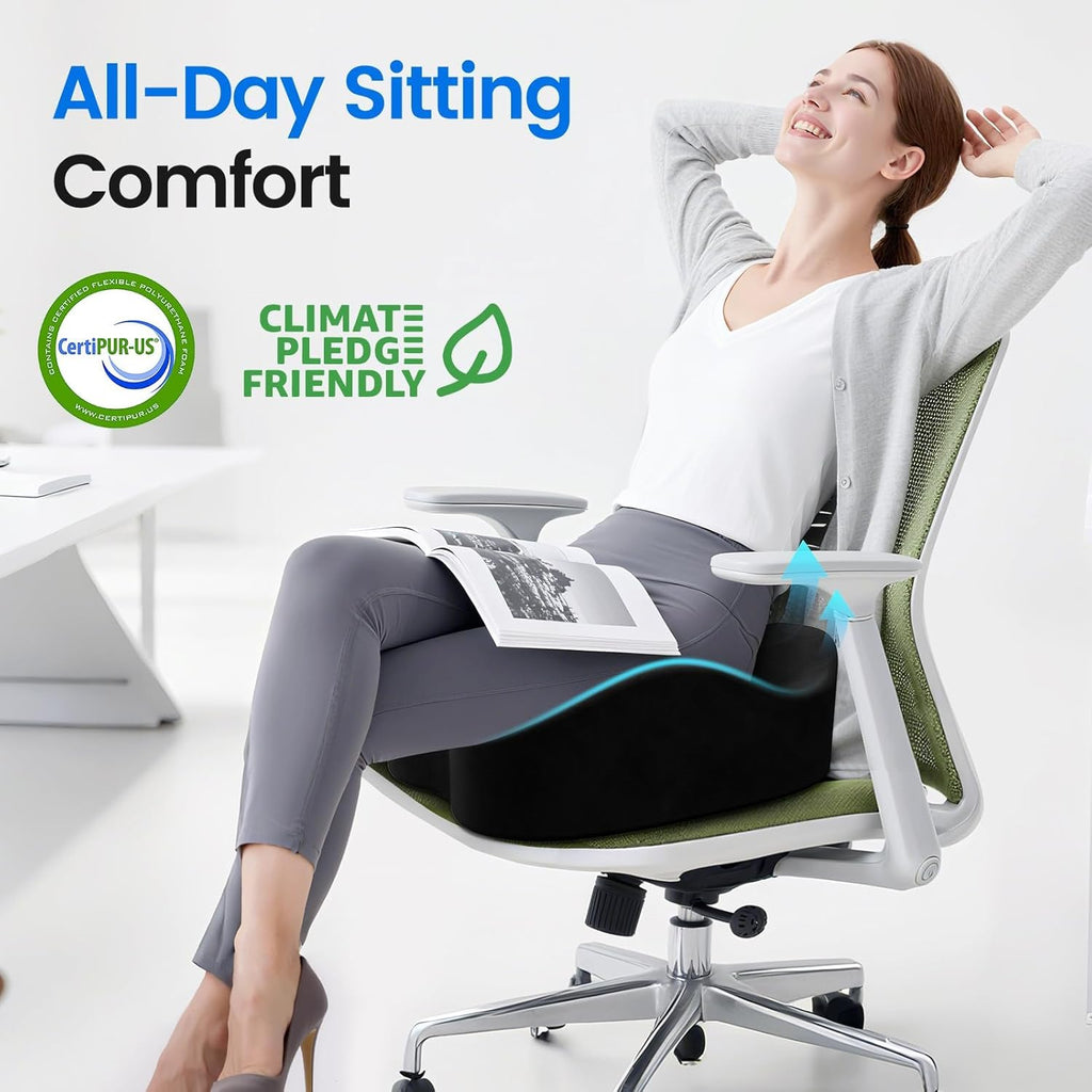 Seat Cushion, Memory Foam Chair Cushions for Tailbone/Sciatica Easing, Chair Pillow with Handles for Car, Office Chair Cushion with Non-Slip Design, Ideal for Post-Surgery Recovery(Black)