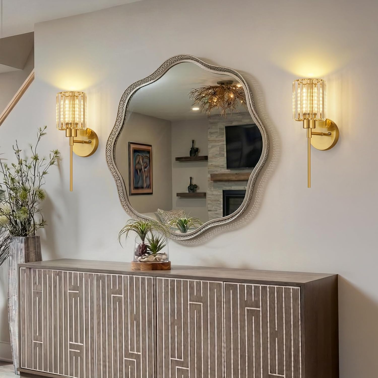 Crystal Battery Operated Wall Sconces, Brushed Gold Rechargeable Wireless Wall Sconce Lights with Dimmable Bulbs and Remote, 12 Colors and 3CCT Dimmable Crystal Lamps for Living Bedroom, 3000~6000K