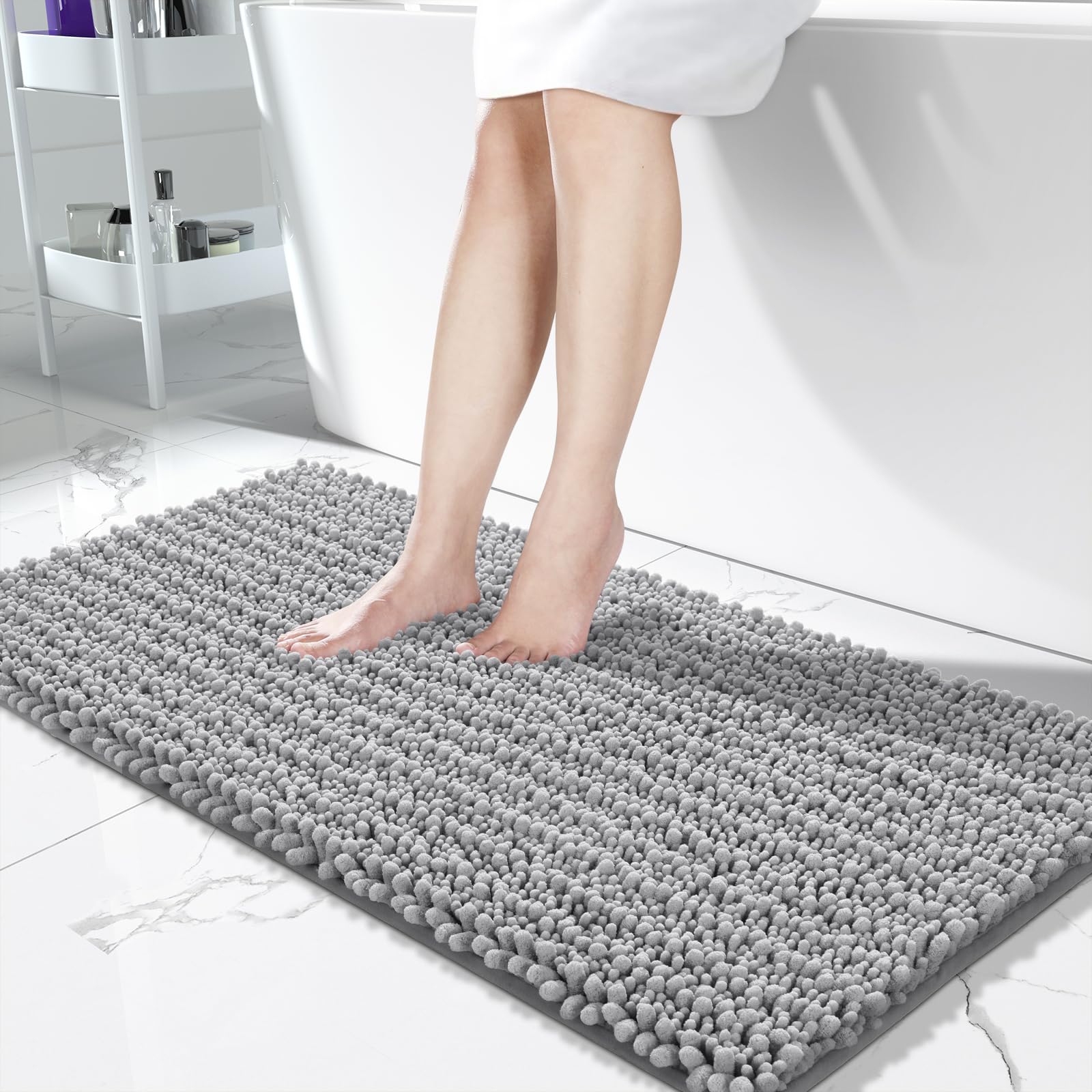 Yimobra Bathroom Rugs Non Slip Washable - Ultra Soft Absorbent Chenille Bath Mat, Quick Dry Shaggy Floor Carpet for Tub Shower, Gray Home Decor Accessories, 24x17 Inch