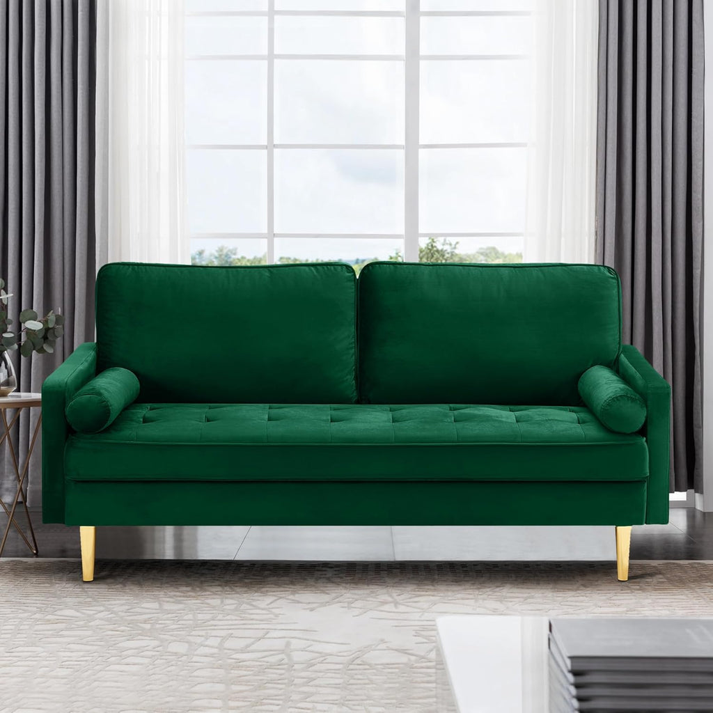 67" Mid Century Modern Loveseat Sofa, 2-Seater Velvet Tufted Love Seat Couch with Bolster Pillows, Golden Frosted Legs for Small Space, Living Room, Apartment, Bedroom (Green)