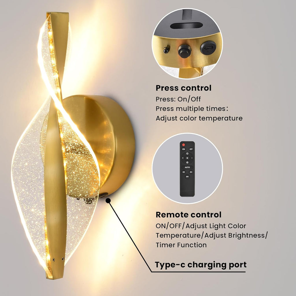 LED Wall Sconces Set of Two Battery Operated, 5000mAh USB Rechargeable Gold Acrylic Wall Lights with Remote, Dimmable Wireless Wall Lamp for Living Room, Bedroom, Hallway,11.8 Inch