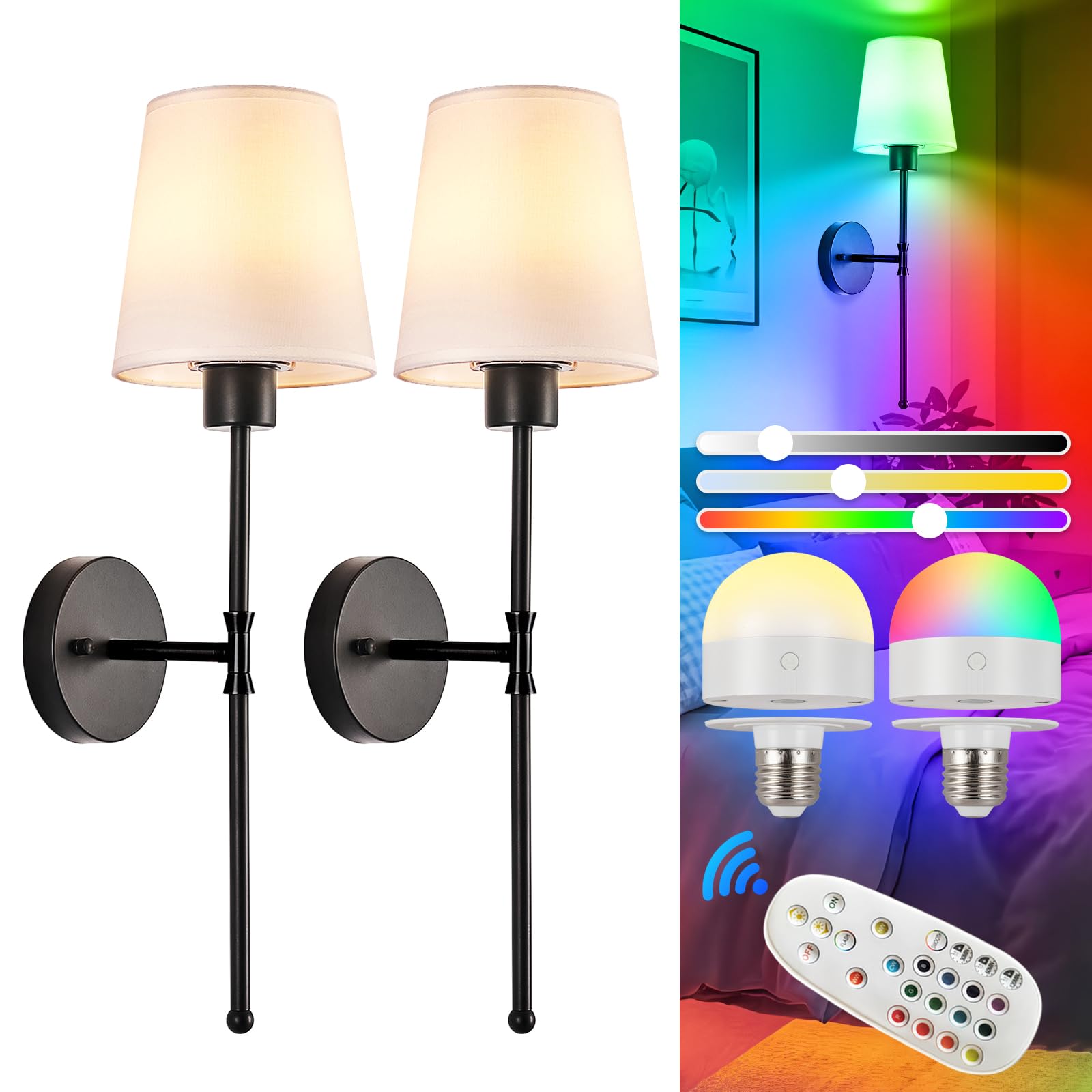 Depuley Battery Operated Wall Sconce: Set of 2 Wireless Wall Lights with 10000mAh Dimmable Bulbs and Remote for Bedroom - Rechargeable 15 Colors Gold Wall Lamp for Living Room Hallway