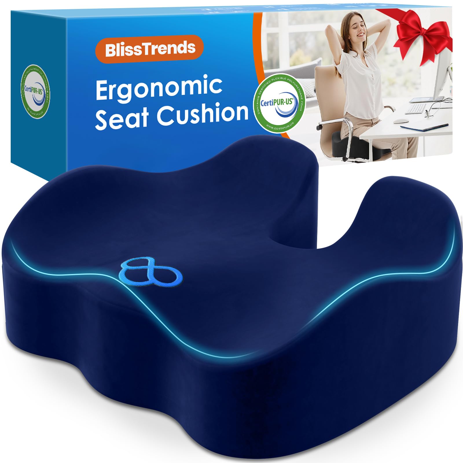 BlissTrends Seat Cushion with Velvet Cover, Thick Memory Foam Cushions for Office Chair, Car Seat, Airplane, Relieving Pressure Tailbone Sciatica Back Pain for Long Sitting, Car Drivers 4.7in Black