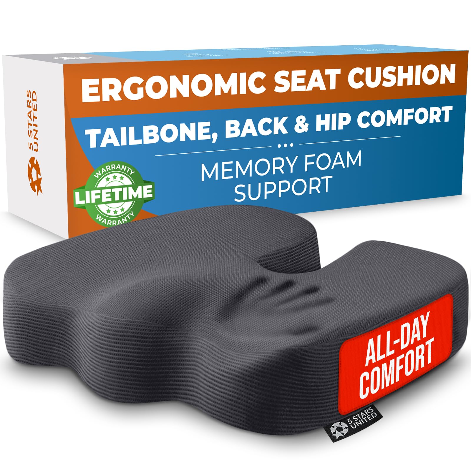 5 STARS UNITED Seat Cushion - Memory Foam Chair Cushion for Tailbone Pain Relief - Ergonomic Support for Coccyx, Sciatica & Butt - Office, Desk & Gaming Chair, Car Seat, Wheelchair, Airplane, Black