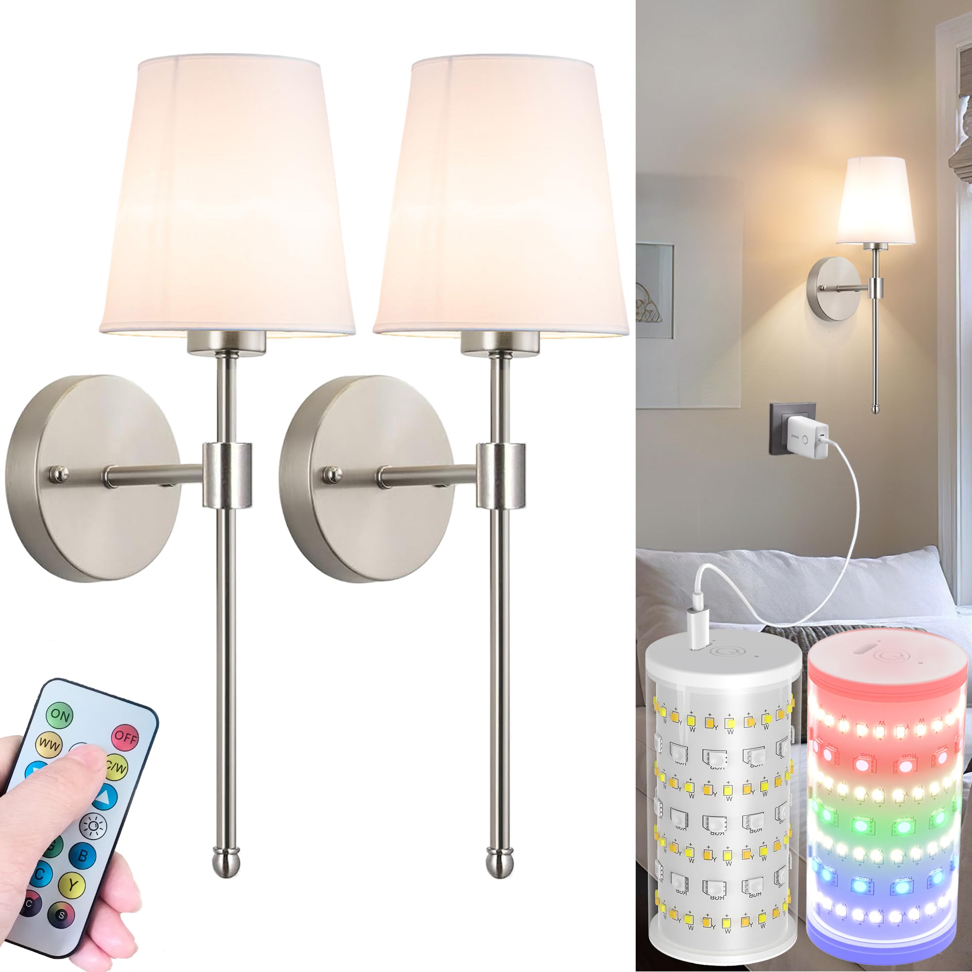 Nekhung Battery Operated Wall Sconces Set of Two, Wireless Battery Wall Light with 10000mAh RGB Dimmable Magnetic Bulb and Remote, Rechargeable Sconce Wall Decor for Bedroom Living Room Hallway